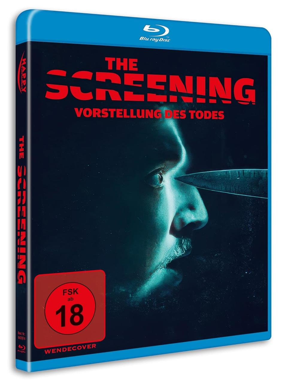 DVD-Cover: Das Gesicht eines Mannes mit einem Messer, das sich seinem Auge nähert. Der Titel lautet 'The Screening'.