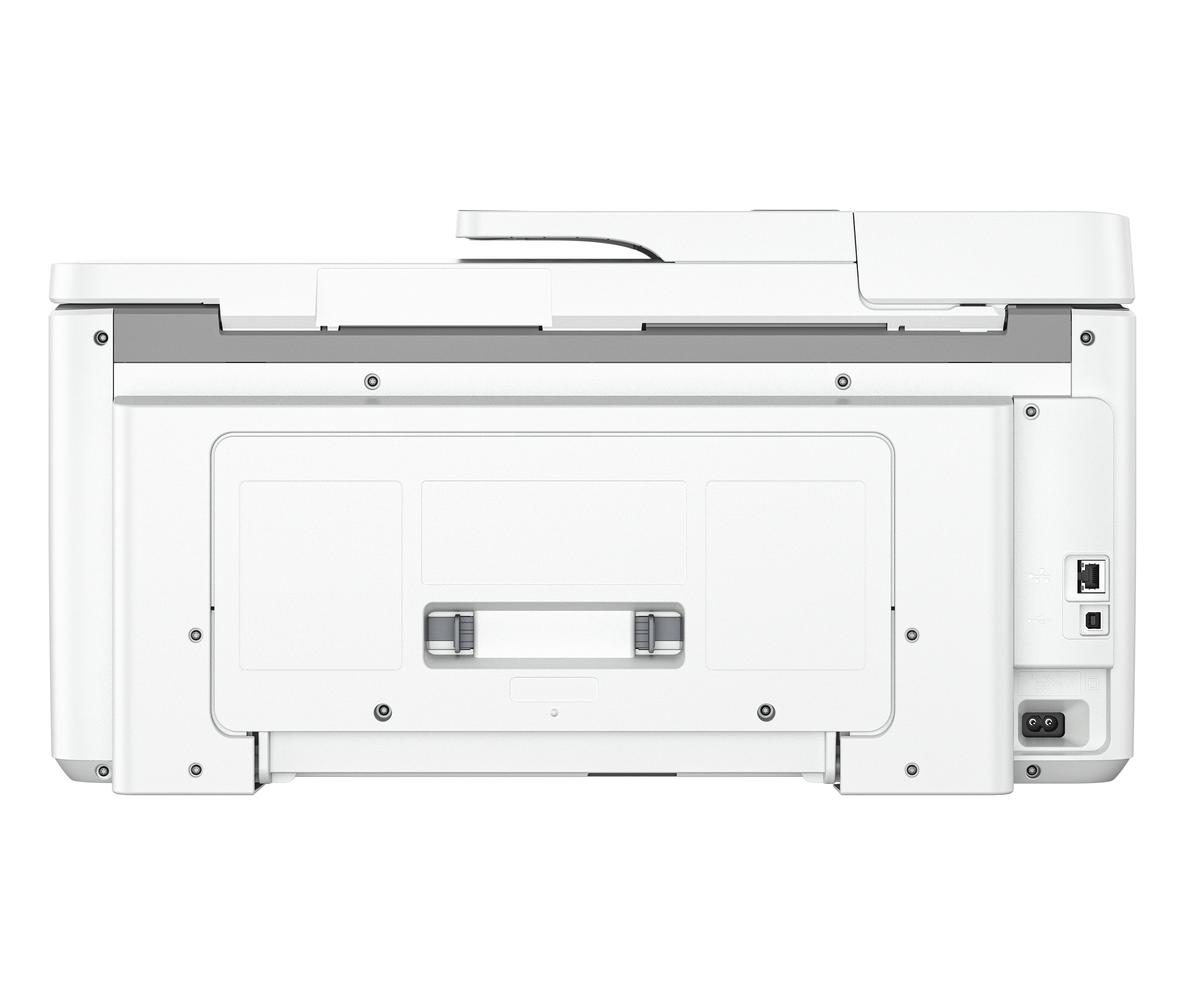 Beyaz bir HP yazıcının arka görünümü. Bağlantı noktaları ve güç bağlantısı görünür. Arka panel beyazdır.