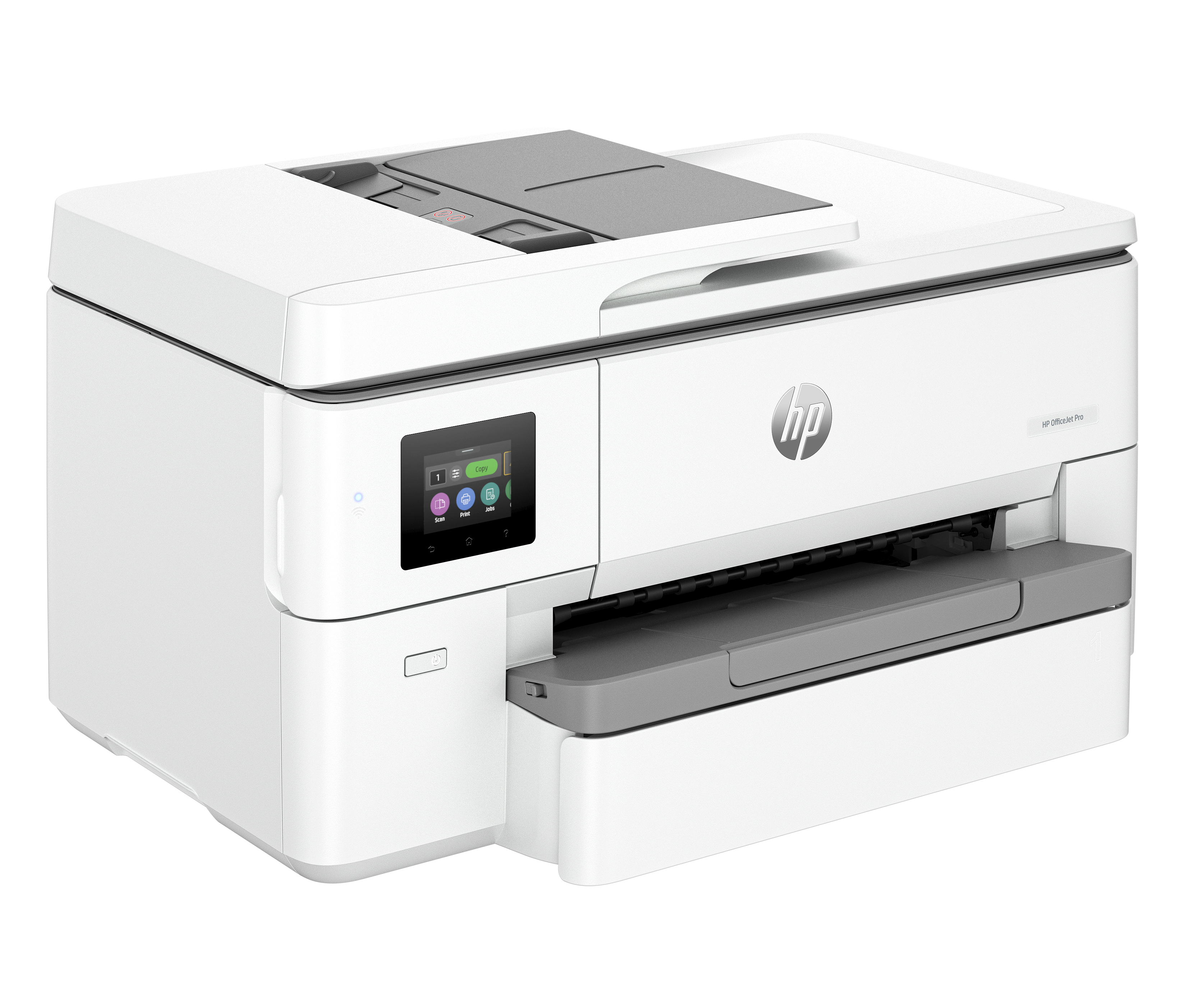 Tarayıcı ve dokunmatik ekranlı beyaz HP yazıcı. Yazıcının önünde HP logosu var.