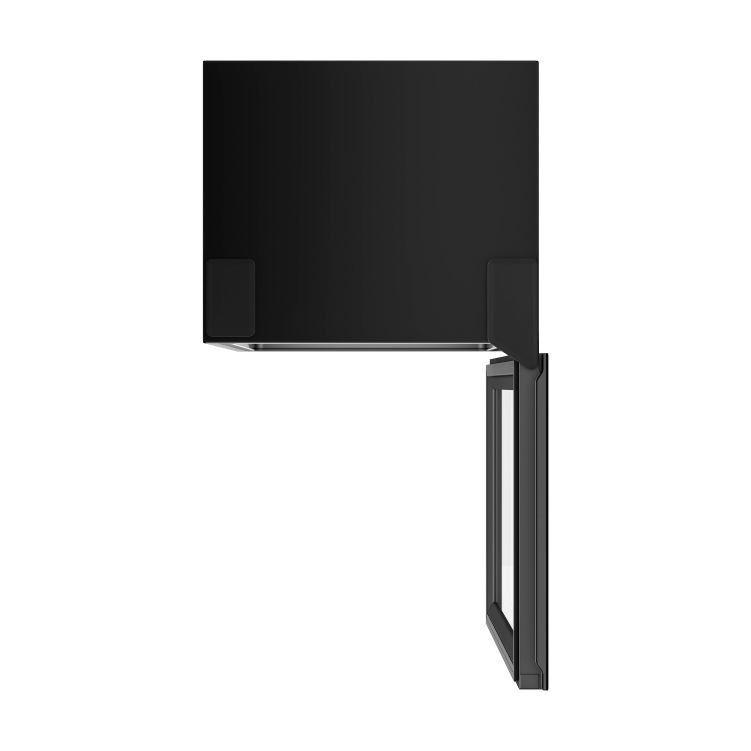 Gabinete negro con puerta abierta. La puerta tiene un panel de vidrio.