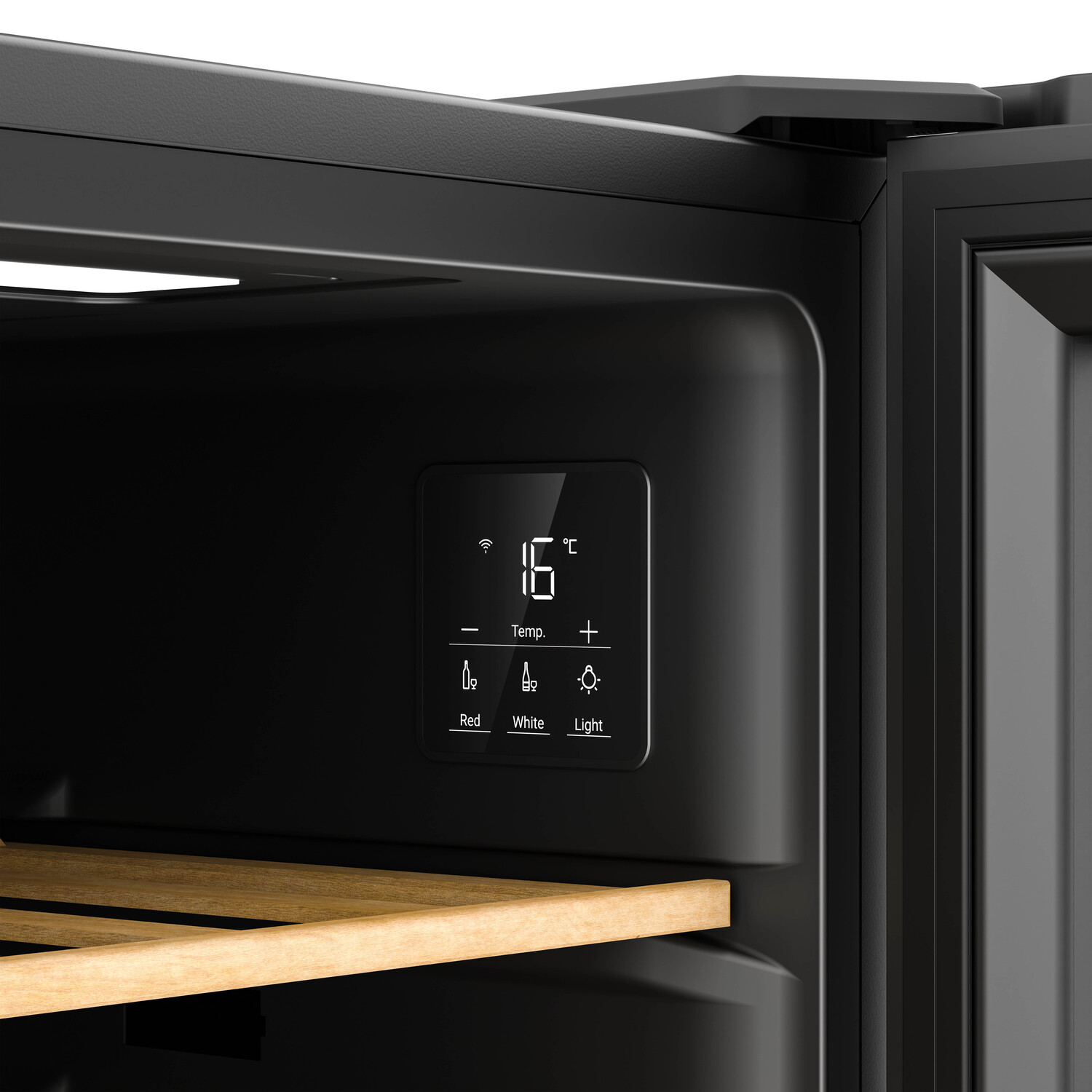Primer plano del panel de control de un enfriador de vino negro. Muestra la temperatura y la configuración.
