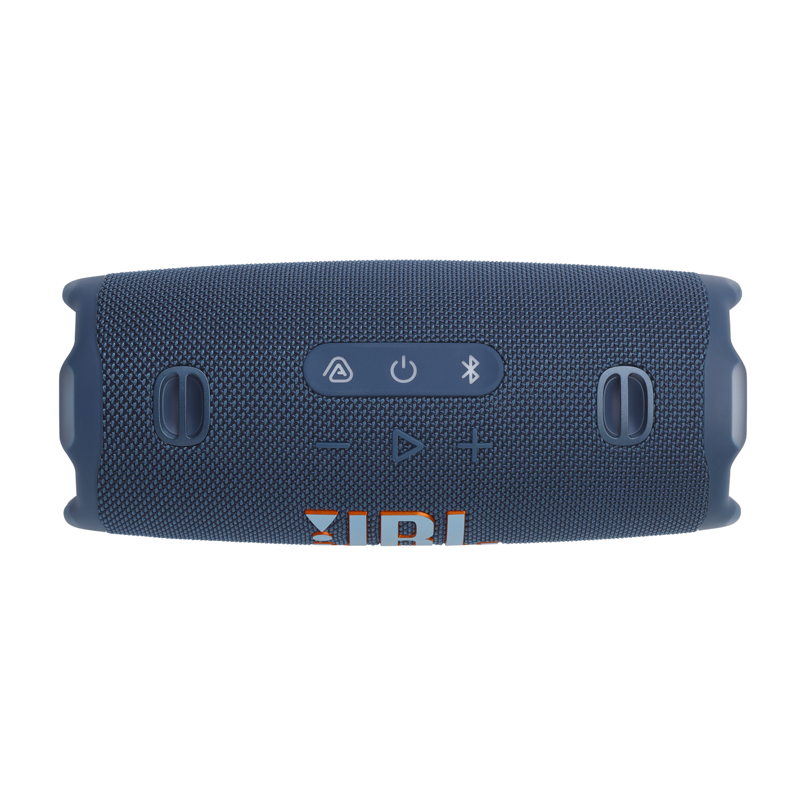Altavoz JBL Charge 6 azul. Botones arriba, logo JBL abajo, sobre fondo negro.