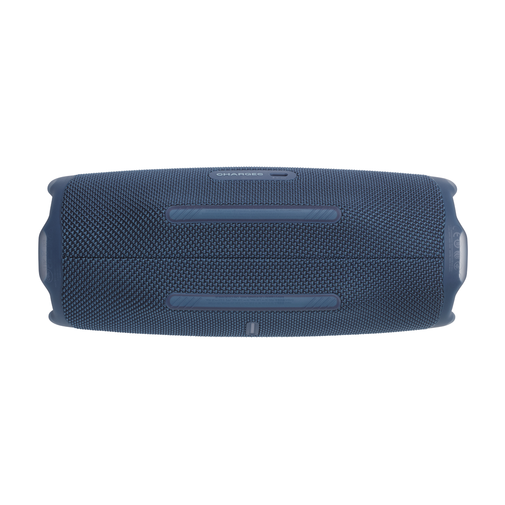 Altavoz JBL Charge 6 azul. Vista superior, con texto Charge 6 arriba, sobre fondo negro.