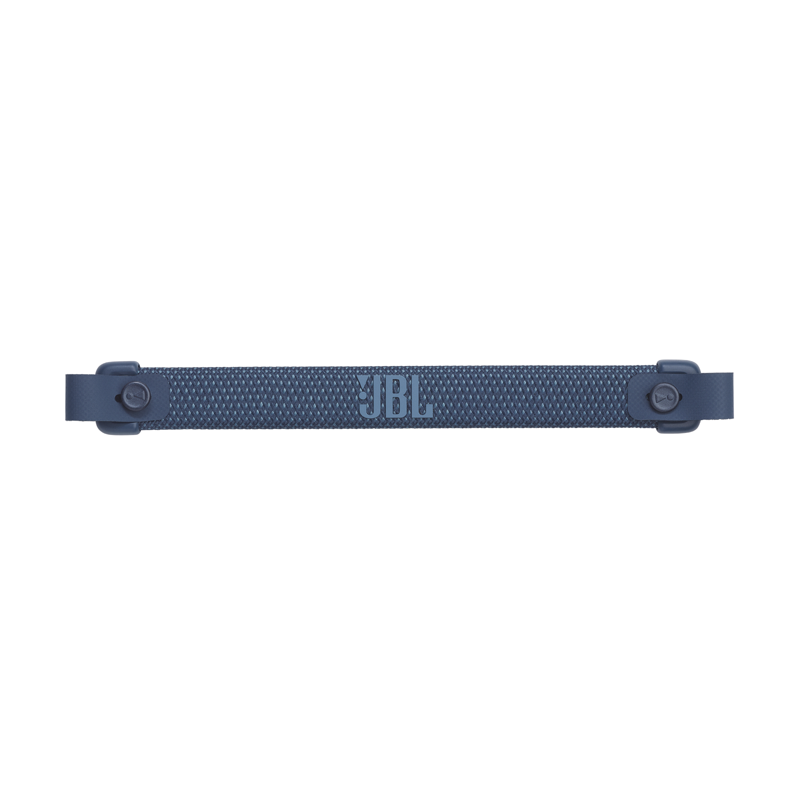 Correa de altavoz JBL azul con el logo JBL en el centro, sobre fondo negro.