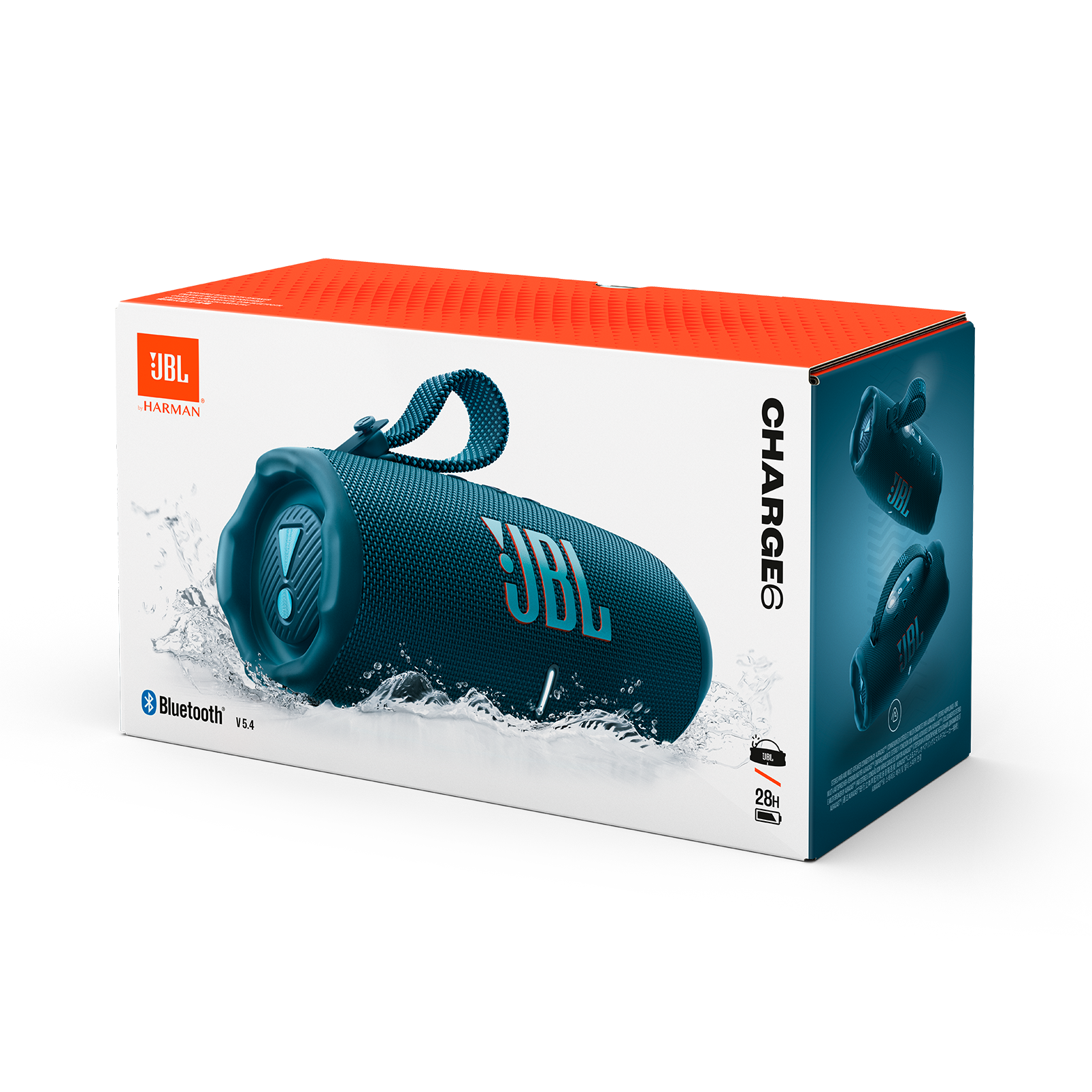 Caja JBL Charge 6 con altavoz, Bluetooth e información de 28h sobre fondo blanco.