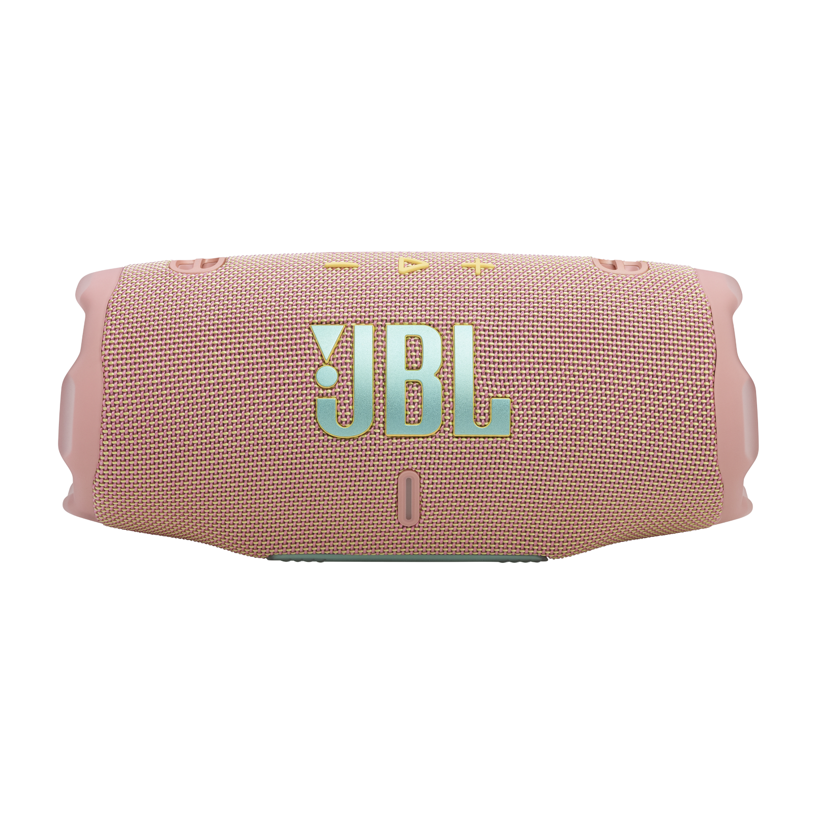 Altavoz JBL Charge 6 rosa. Botones y logo JBL al frente, sobre fondo negro.