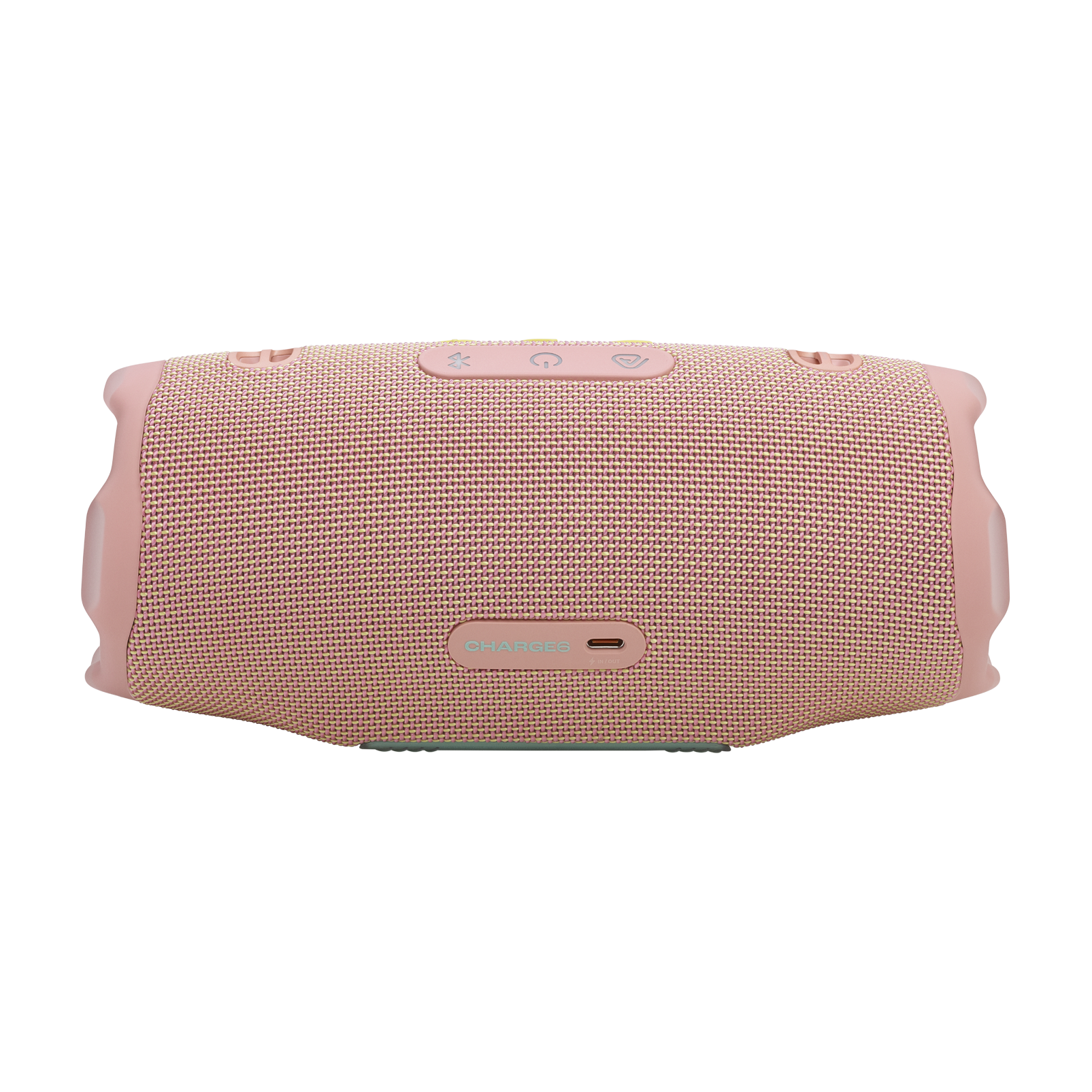 Altavoz JBL Charge 6 rosa. Botones arriba, texto Charge 6 abajo, sobre fondo negro.