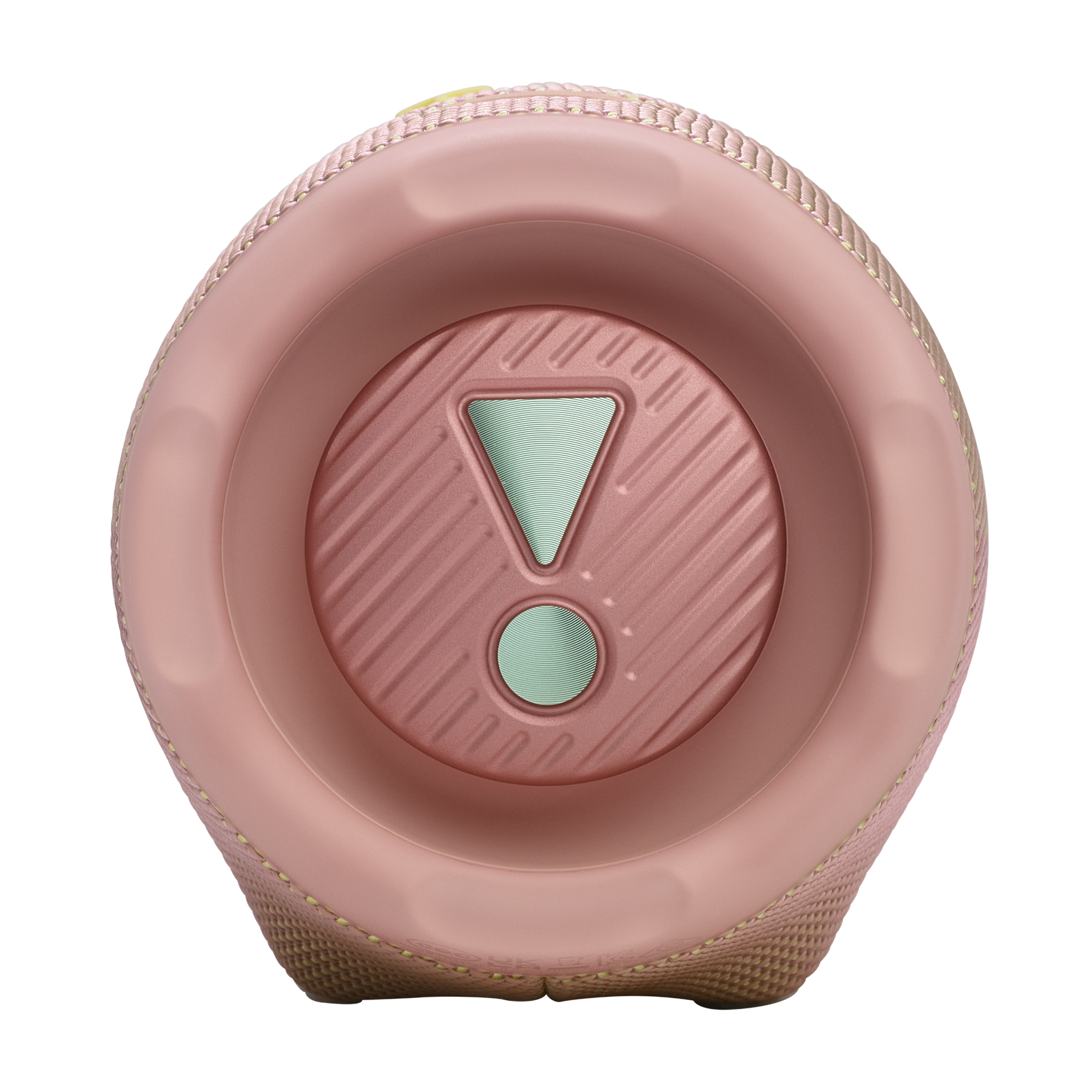 Primer plano del extremo del altavoz JBL rosa con detalles verde menta, sobre fondo negro.