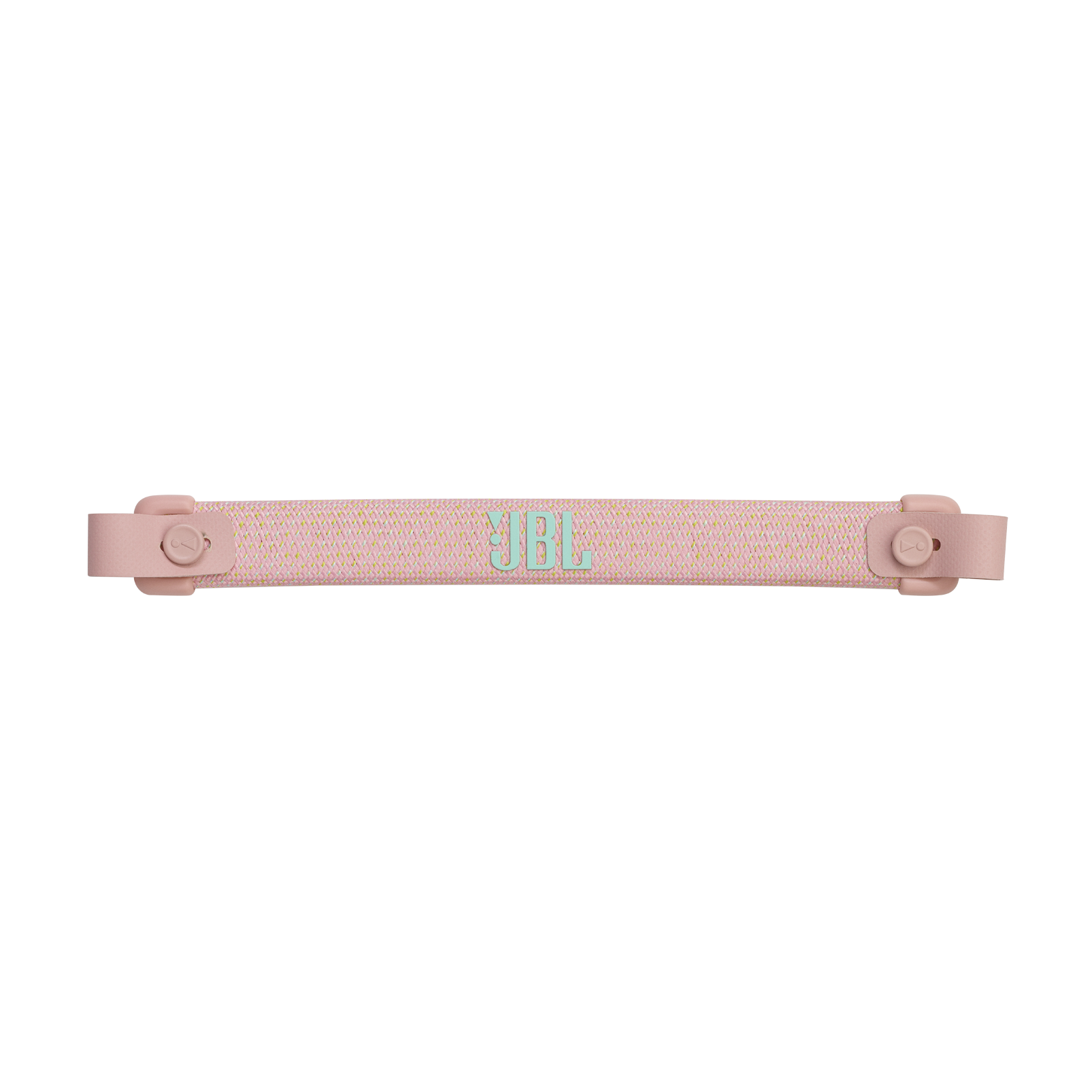 Correa de altavoz JBL rosa con logo JBL verde menta sobre fondo negro.