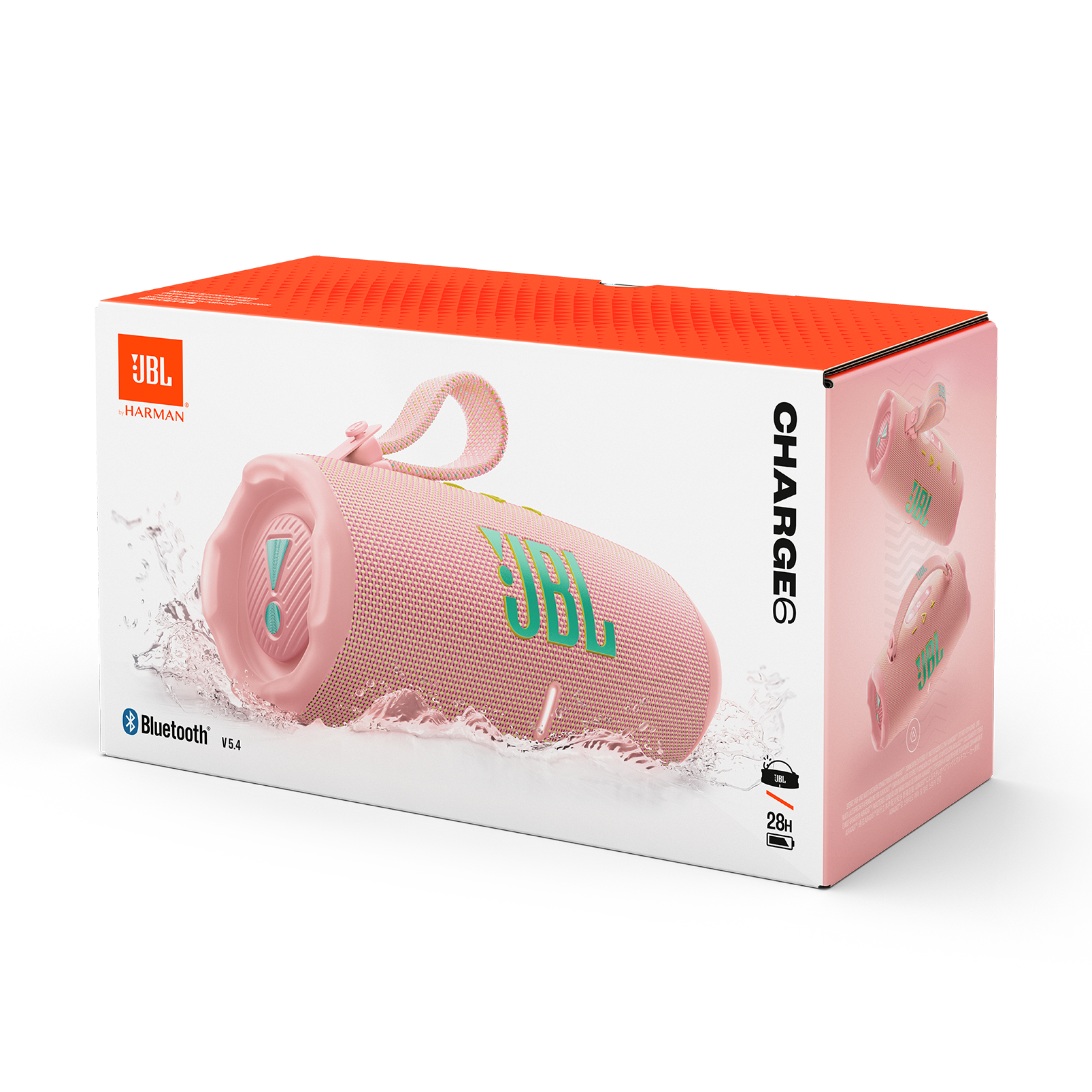 Altavoz JBL Charge 6 rosa en caja, con salpicaduras de agua y detalles, sobre blanco.