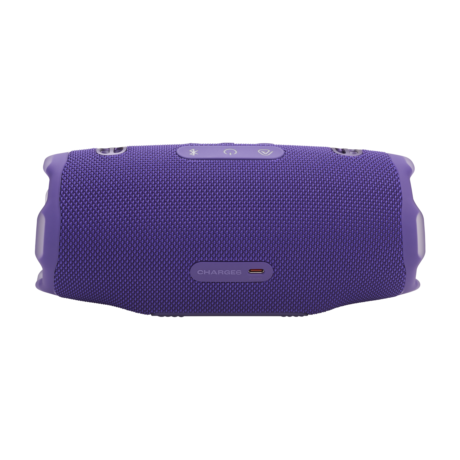 Altavoz JBL Charge 6 morado, vista superior, sobre fondo negro.