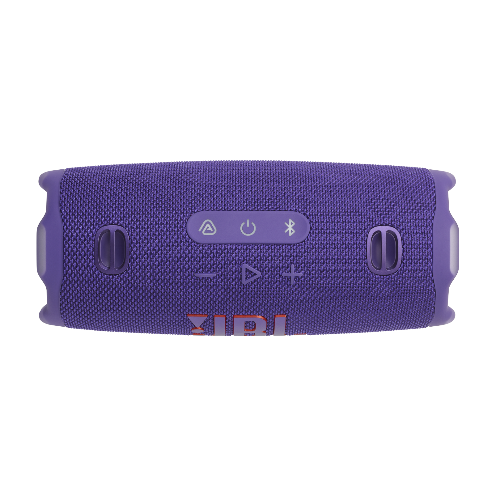 Altavoz JBL Charge 6 morado, con botones y controles, sobre fondo negro.
