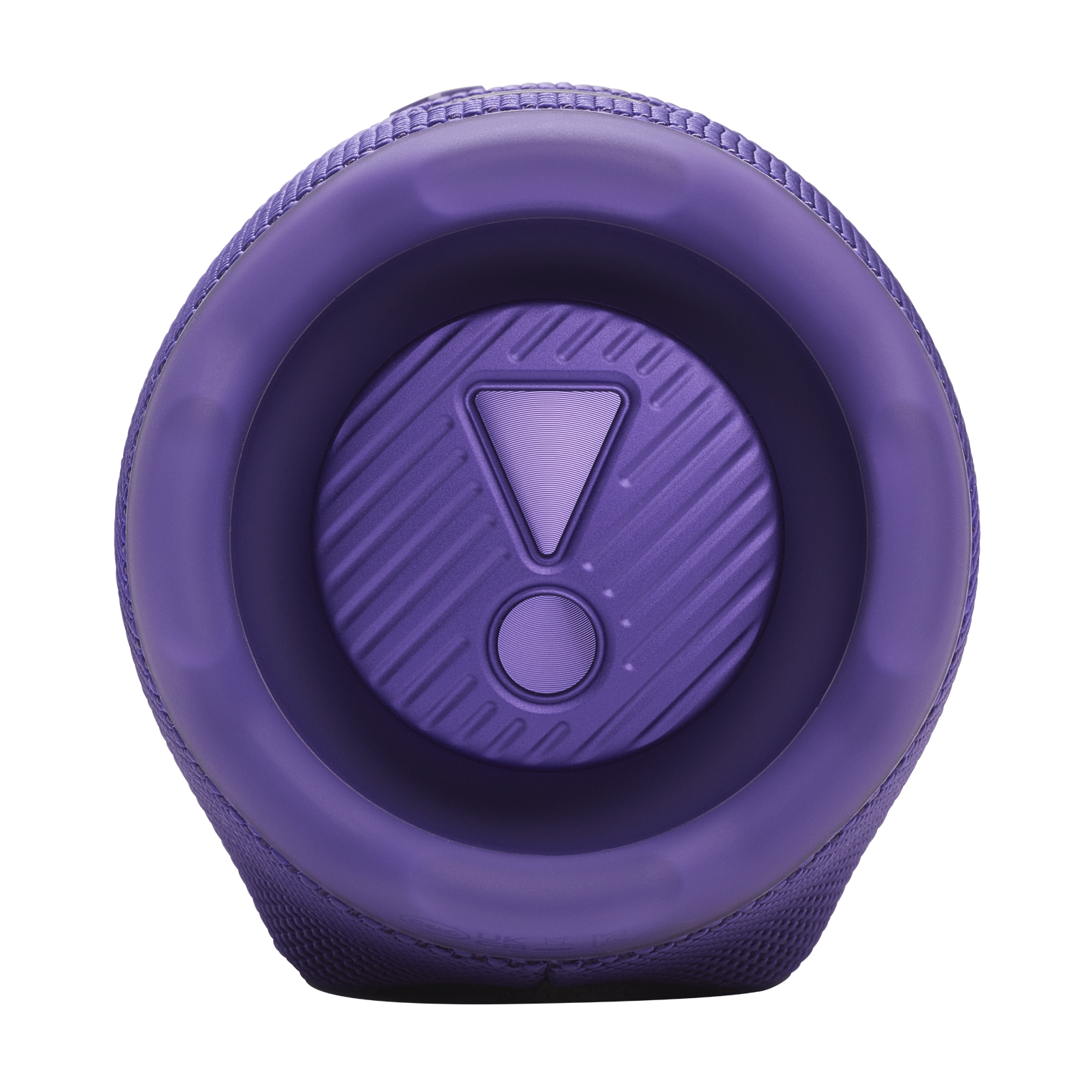 Primer plano del extremo del altavoz JBL morado, con detalles, sobre fondo negro.