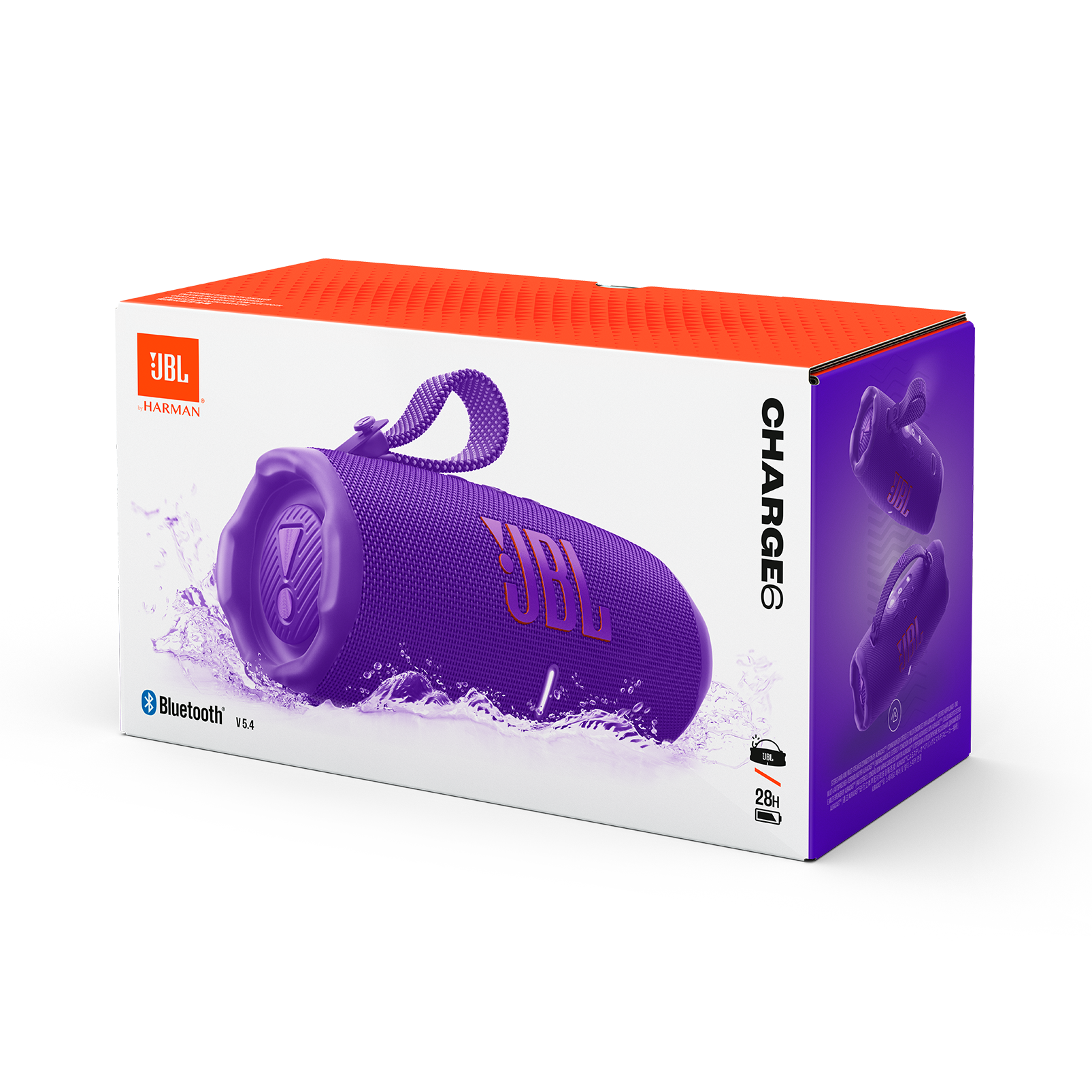 Caja JBL Charge 6. Roja y blanca, el altavoz y el asa son visibles, y un altavoz más pequeño en el lateral.