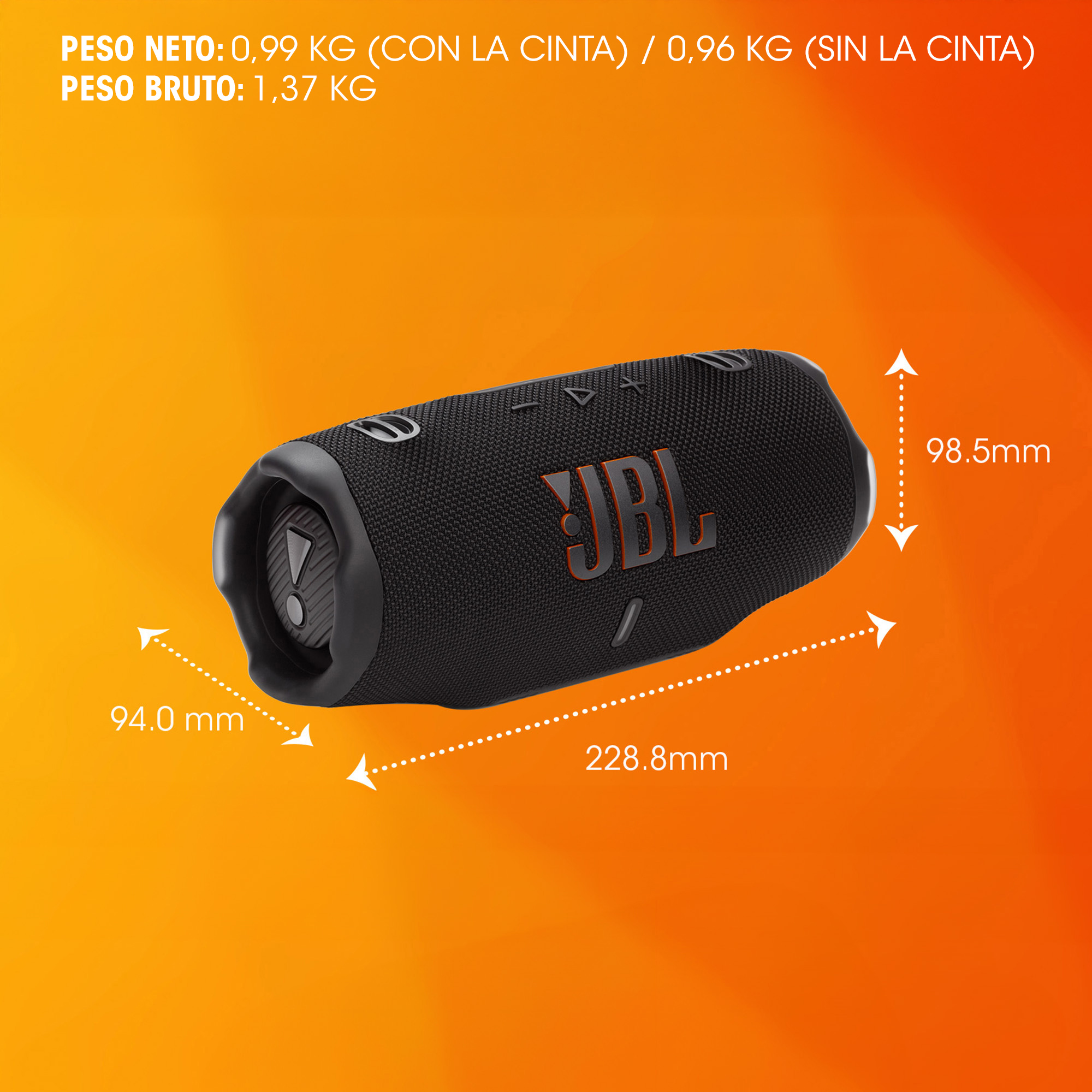 Se muestran las dimensiones del altavoz JBL. Las medidas muestran la longitud y la anchura. En blanco y negro.