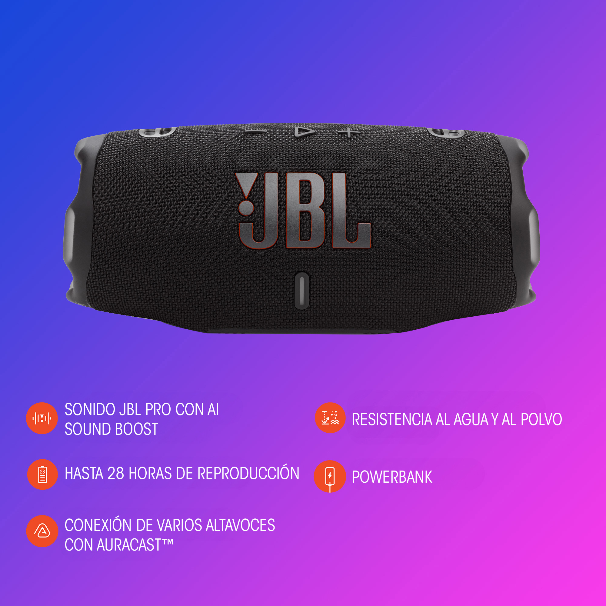 Características del altavoz JBL. Se muestra con iconos y texto, incluyendo Sound Boost y Powerbank.