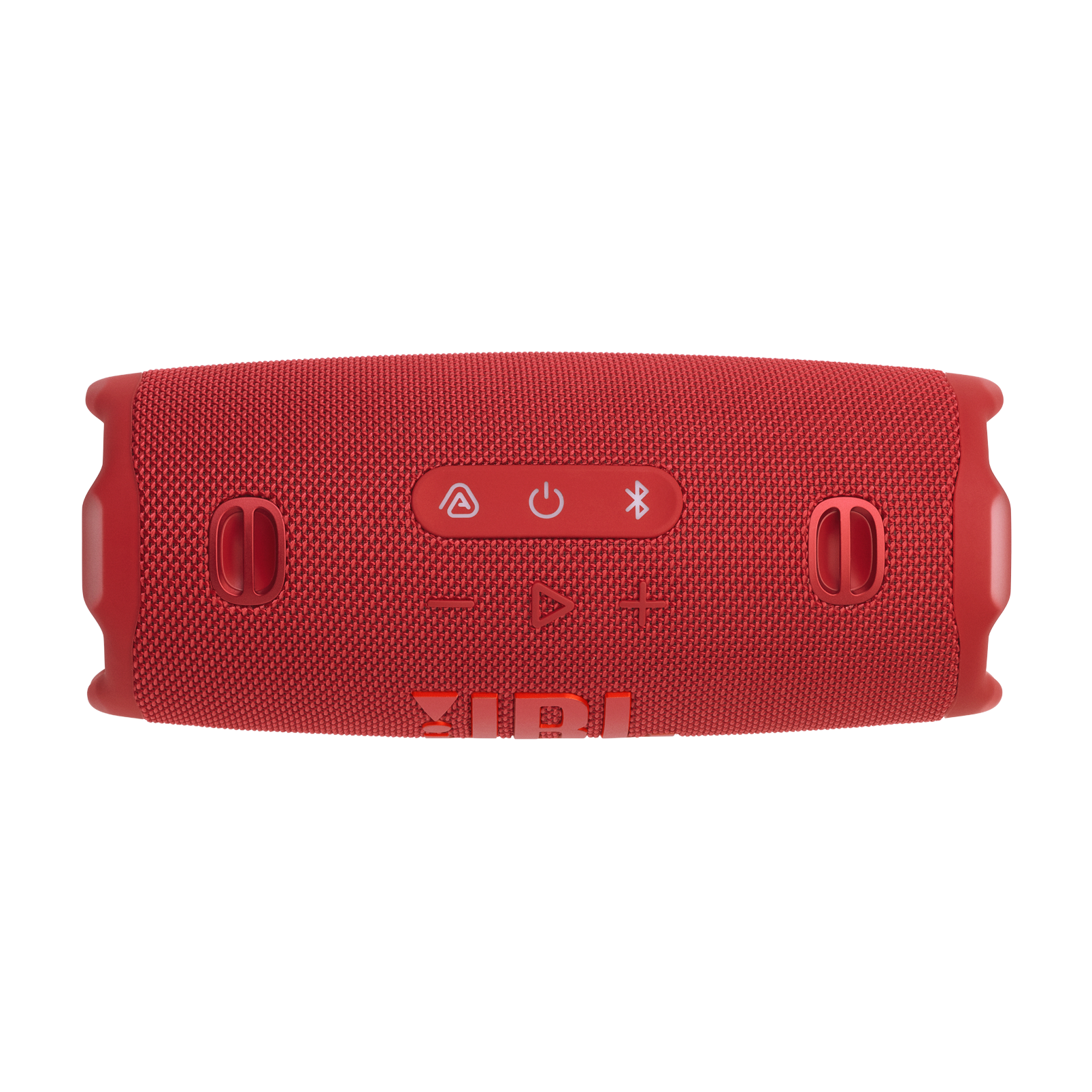Altavoz JBL rojo. La parte superior del altavoz, con botones para varias funciones.