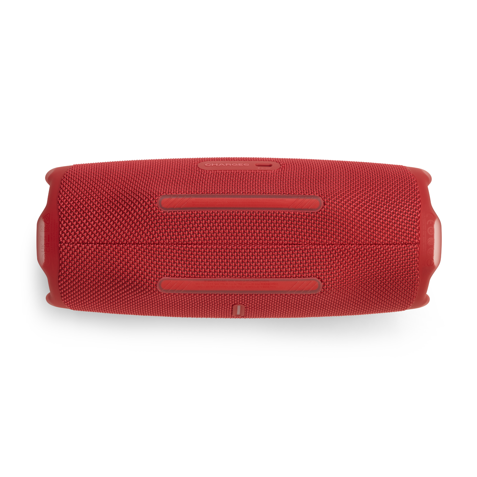Altavoz JBL rojo. La parte inferior del altavoz, con dos tiras y el nombre en él.