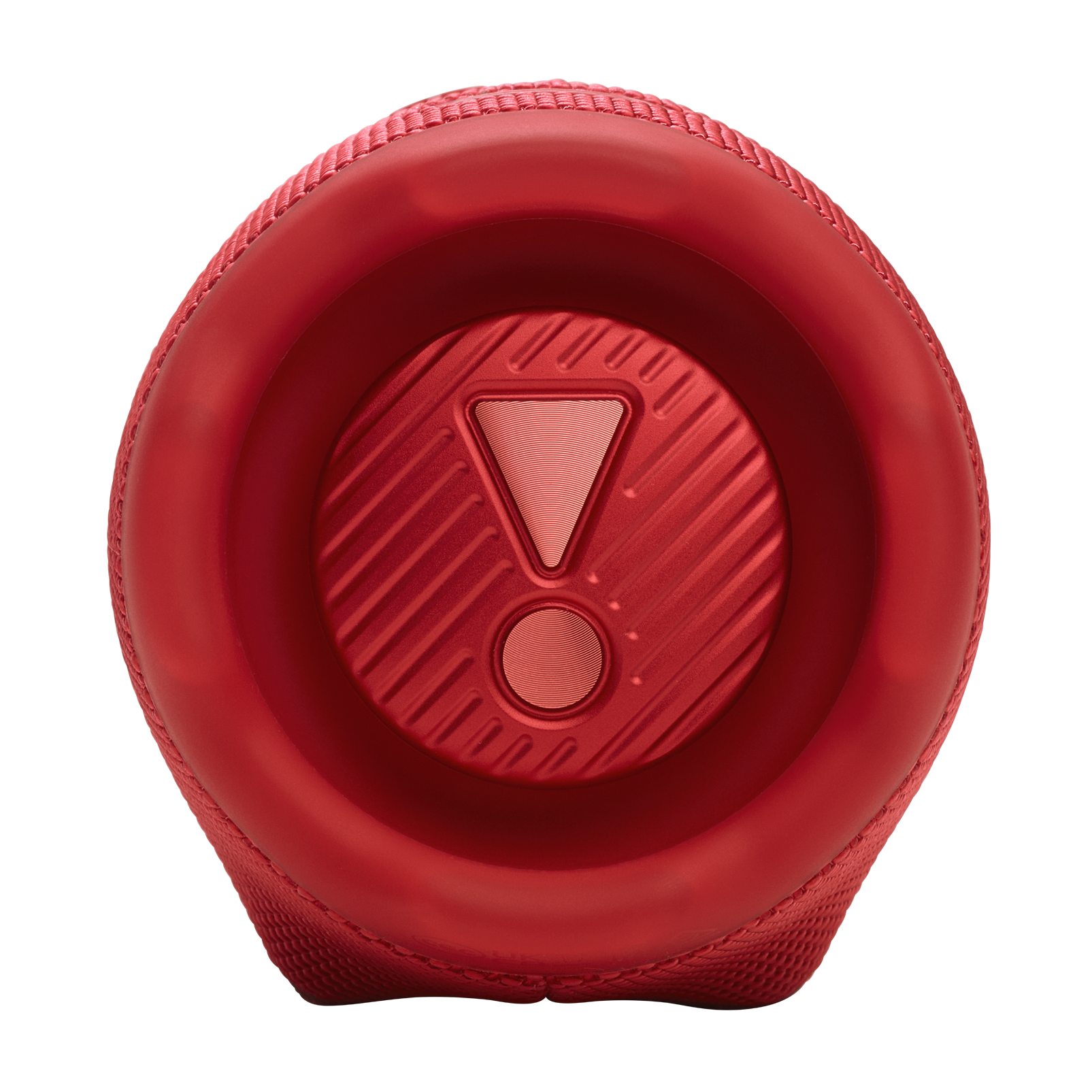Altavoz JBL rojo. El extremo del altavoz, con un signo de exclamación.