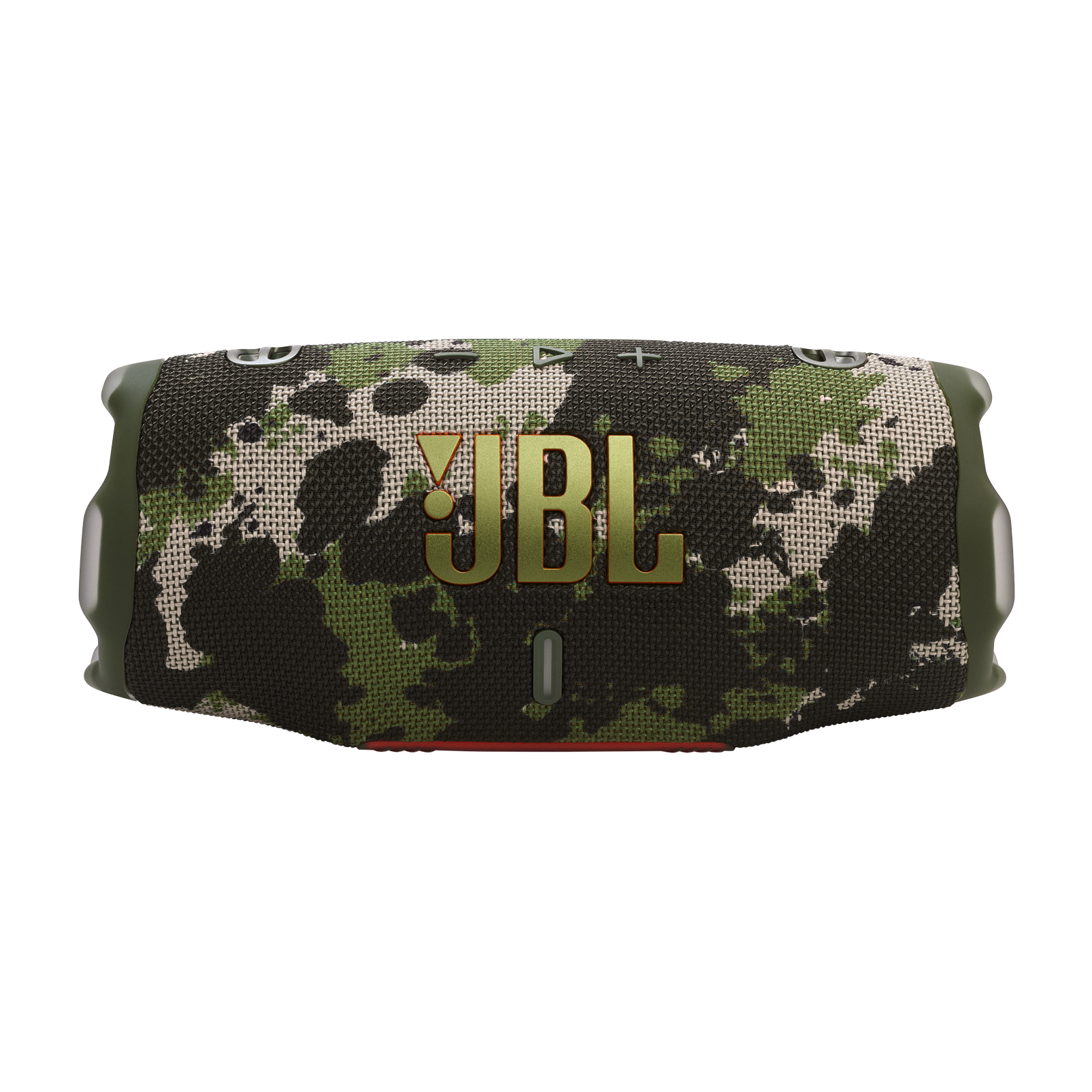 Altavoz JBL camuflaje sobre fondo negro. Logotipo JBL visible.