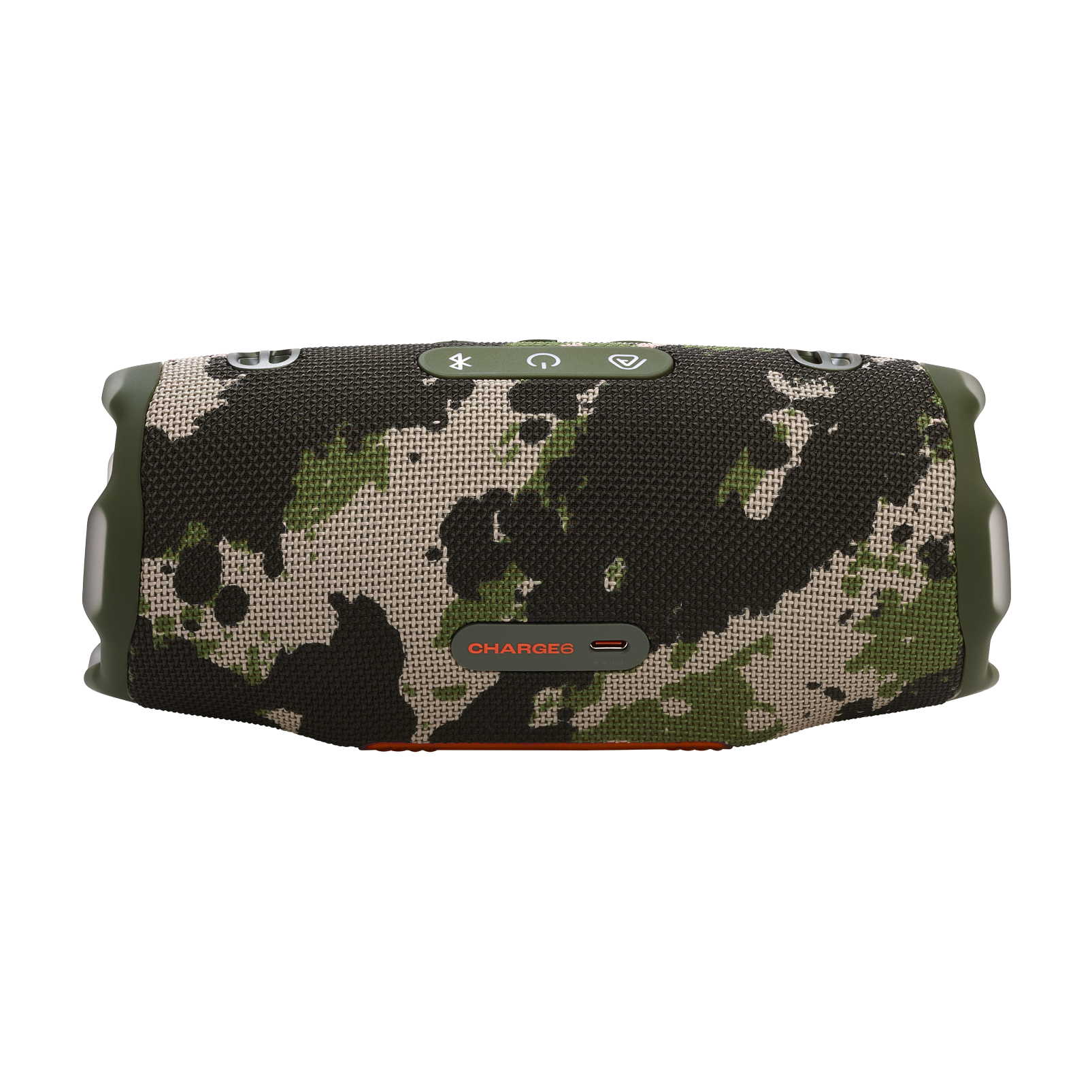 Altavoz JBL camuflaje, vista lateral. Acentos y botones verdes visibles.