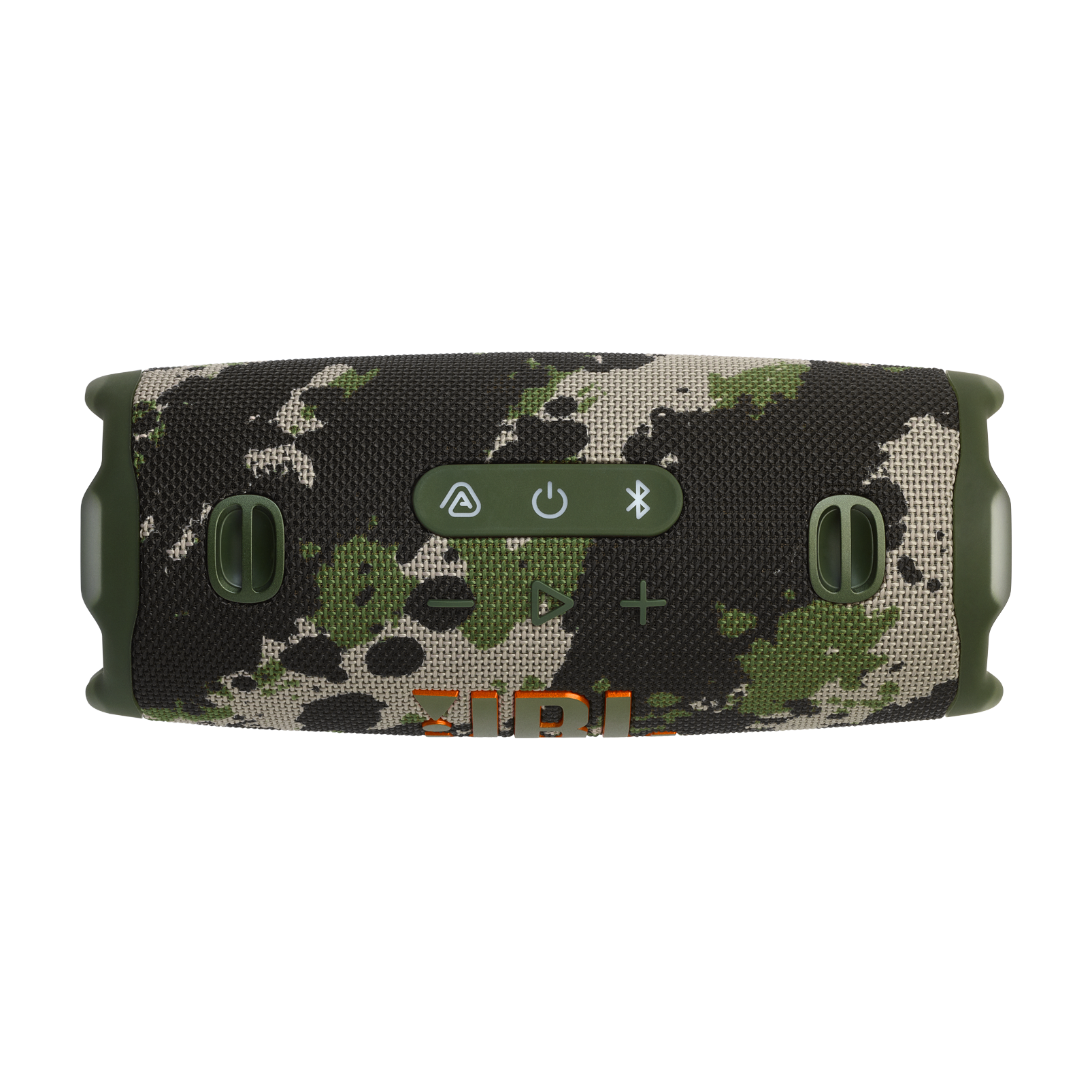 Altavoz JBL camuflaje, vista superior. Botones, logotipo y puerto visibles.