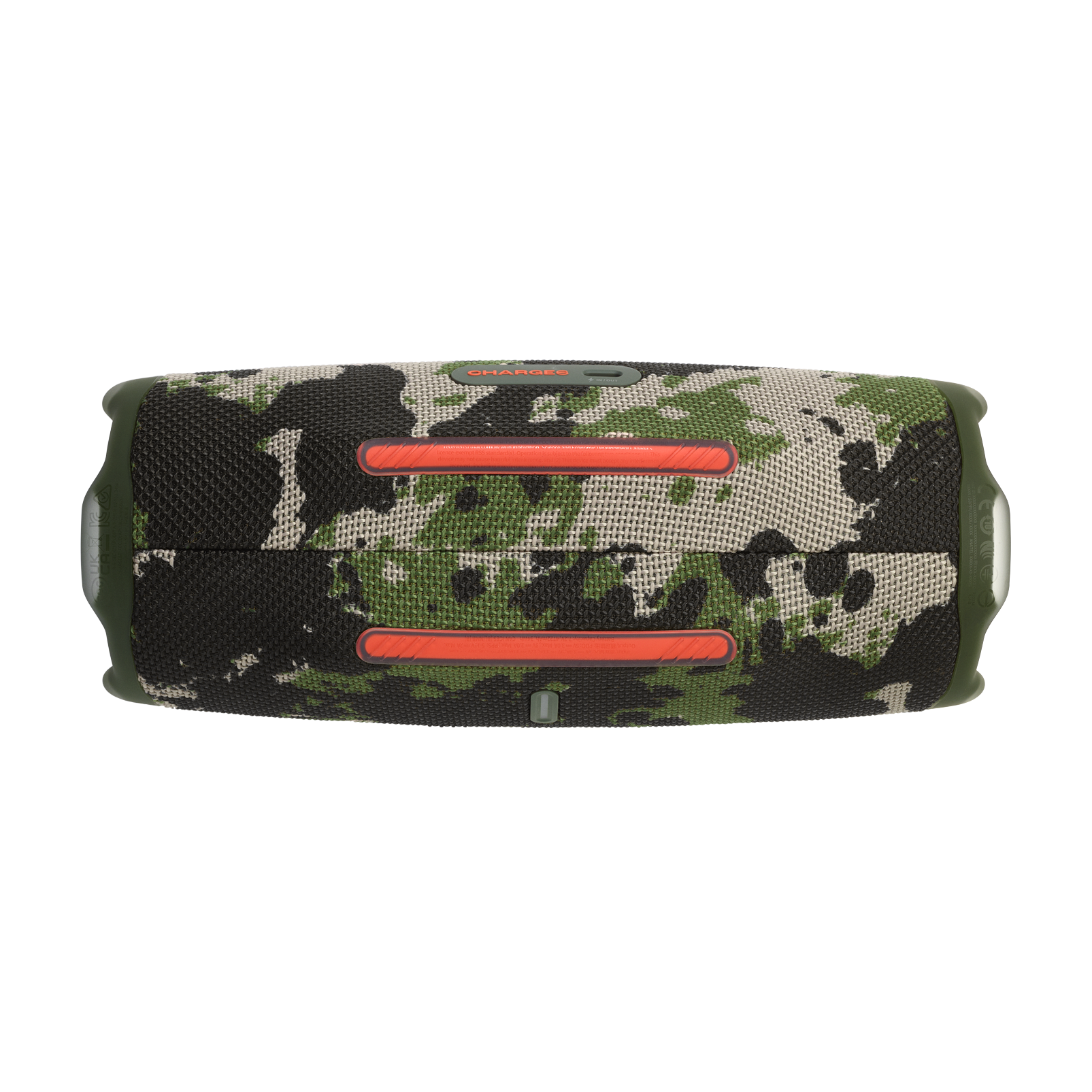 Altavoz JBL camuflaje, vista inferior. Puertos de carga y botones visibles.
