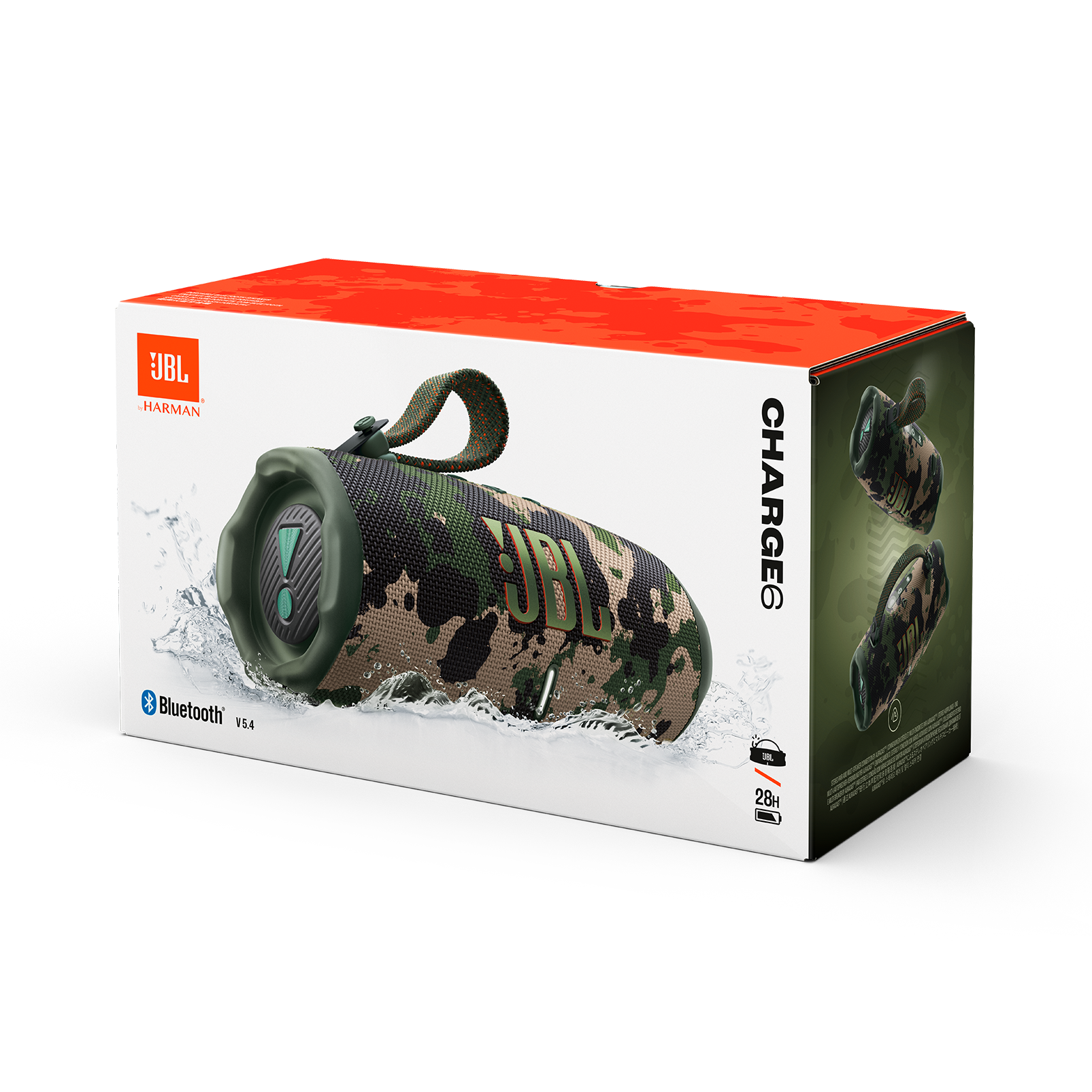 Caja del altavoz JBL Charge 6, diseño camuflaje. Imagen del altavoz y detalles del producto.