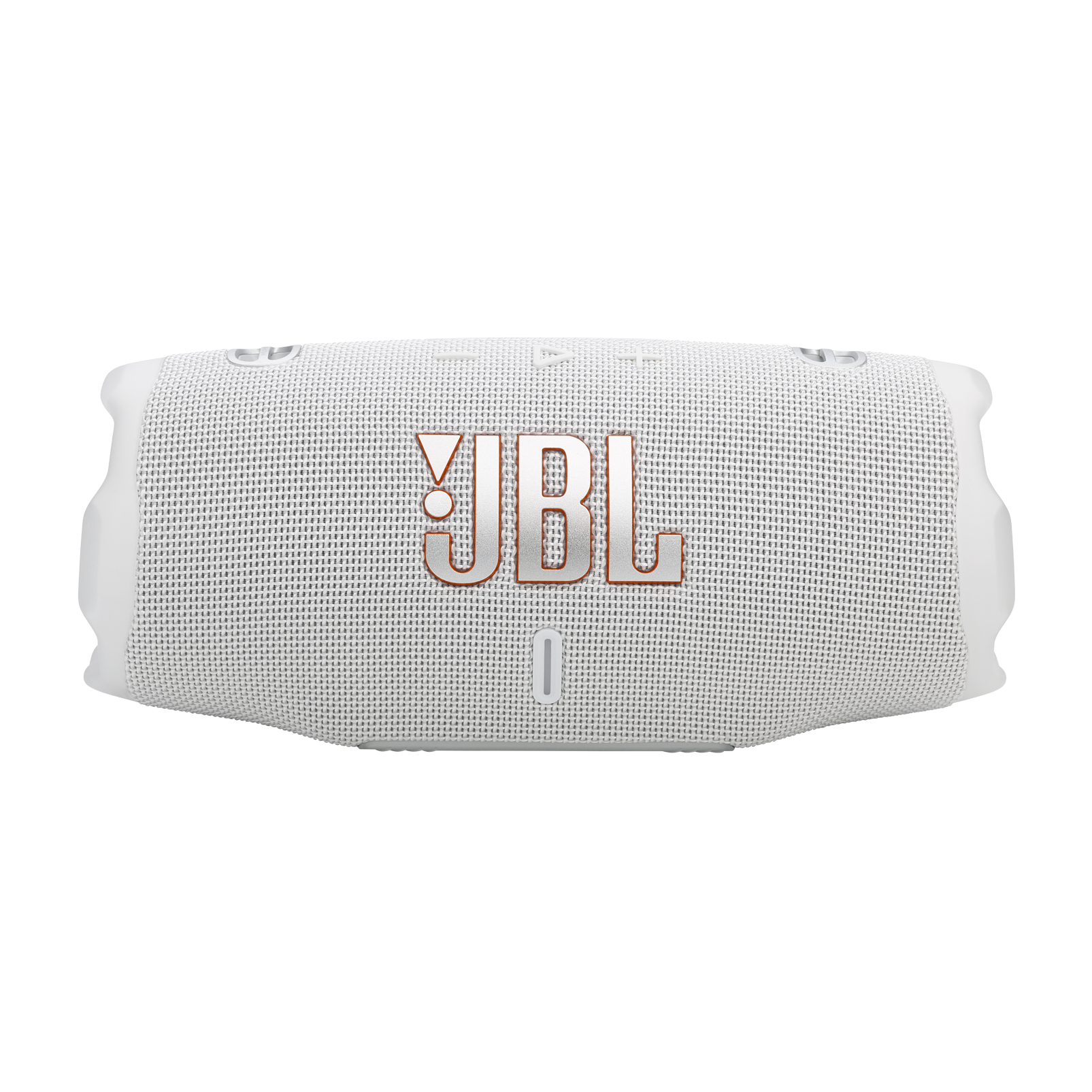 Altavoz JBL blanco con logo JBL rojo. Frente de malla. Fondo negro.