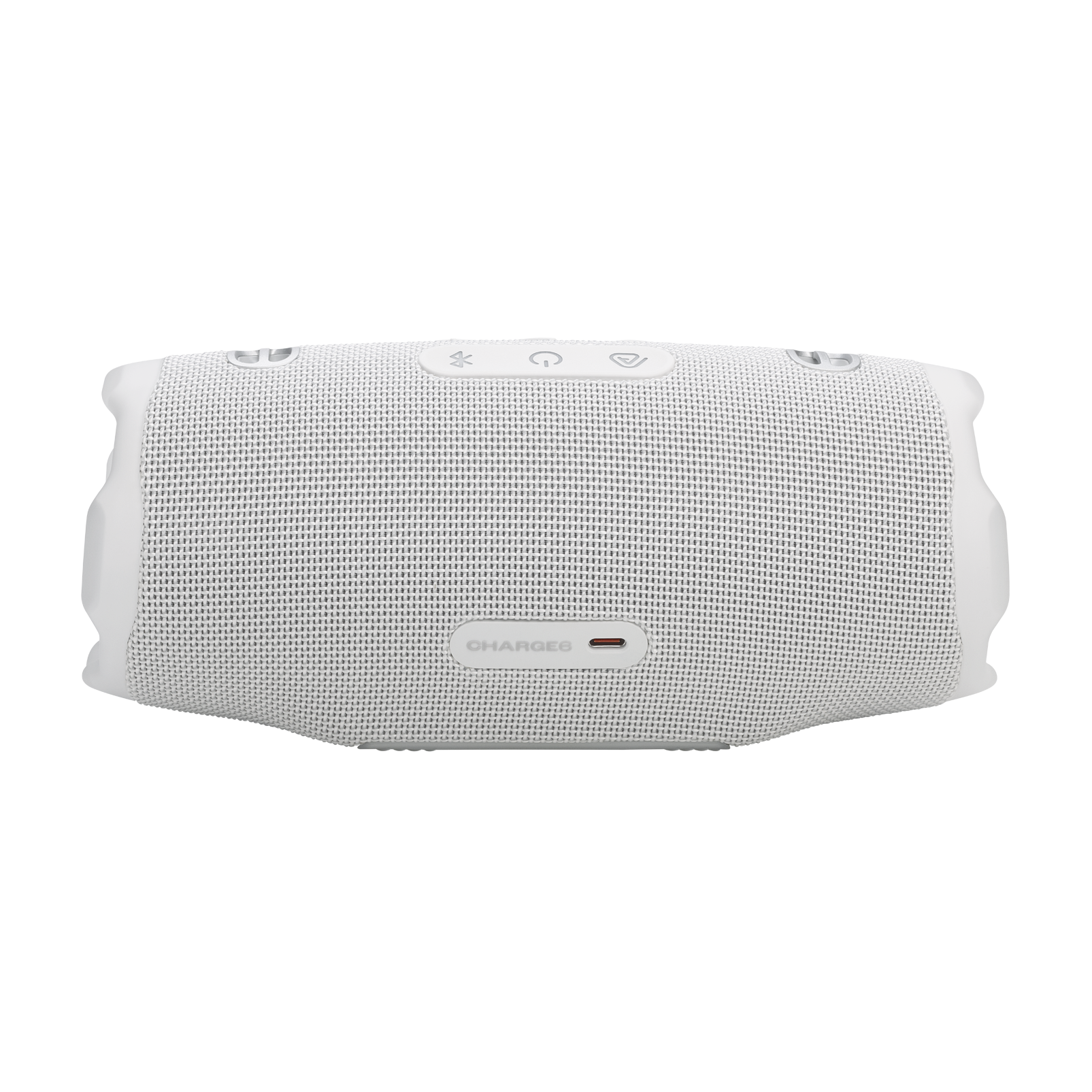 Altavoz JBL Charge 6 blanco, vista superior, sobre fondo negro.