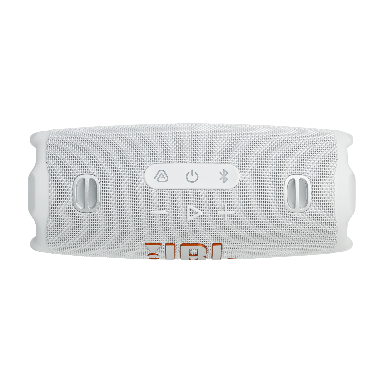 Altavoz JBL blanco con botones de control. Logo JBL rojo, fondo negro.