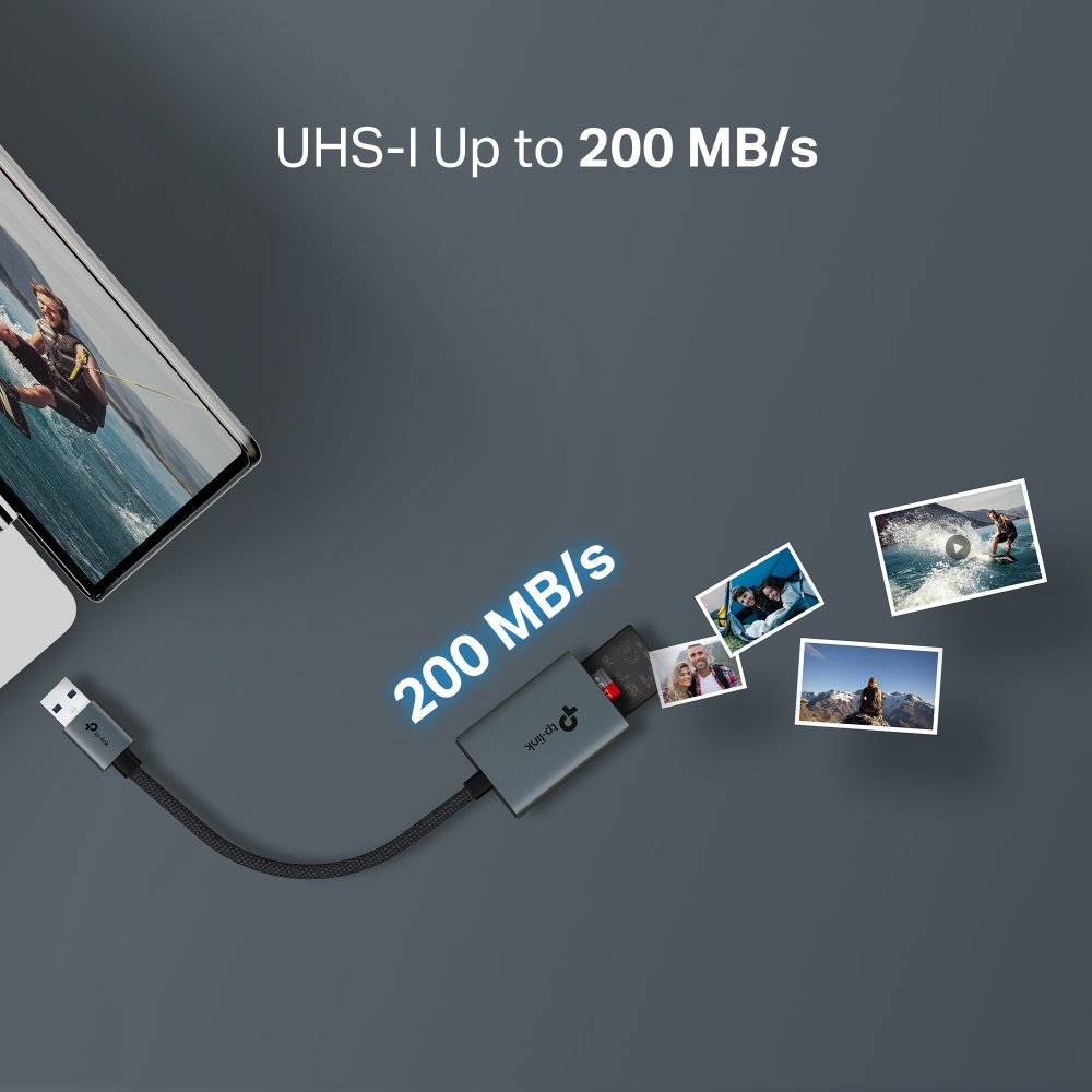 Kart okuyucu dizüstü bilgisayara bağlı, resimler gösteriliyor. 200 MB/s hız gösteriyor. Arka planda dizüstü bilgisayar.