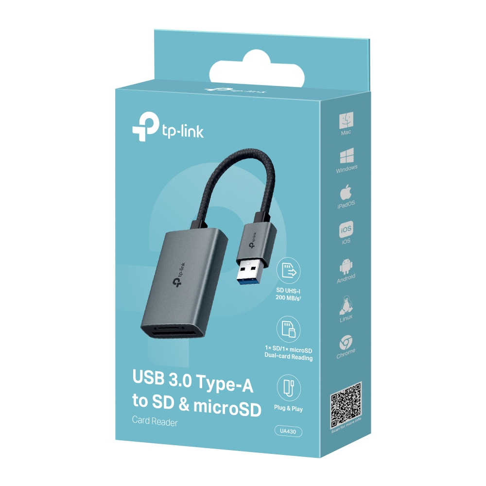 TP-Link kart okuyucu kutusu. Okuyucu, USB kablosu ve kutuda listelenen özellikler gösteriliyor. Beyaz zemin.