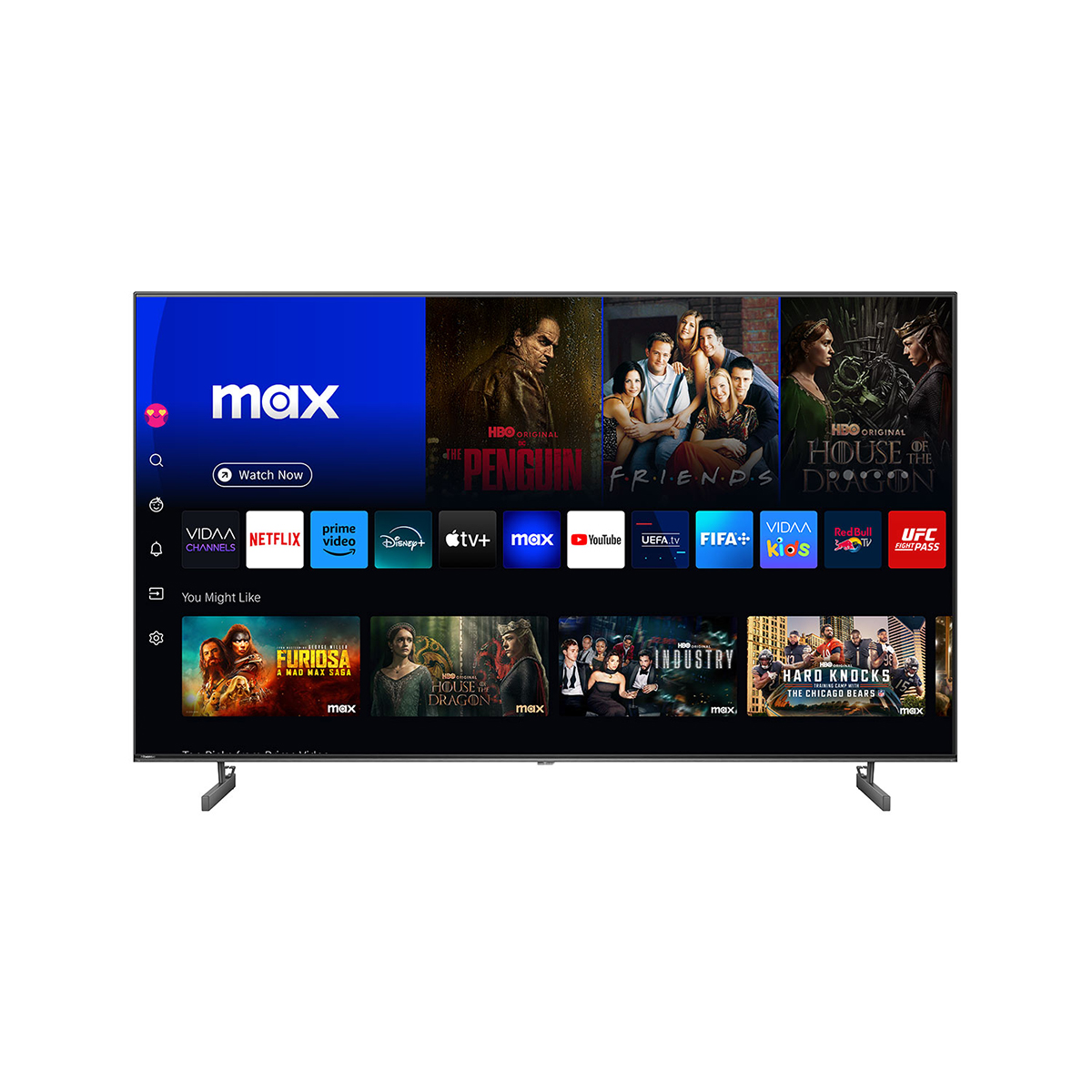 Telewizor Hisense, wyświetlający interfejs usługi strumieniowania. Pokazuje miniatury filmów i programów telewizyjnych.