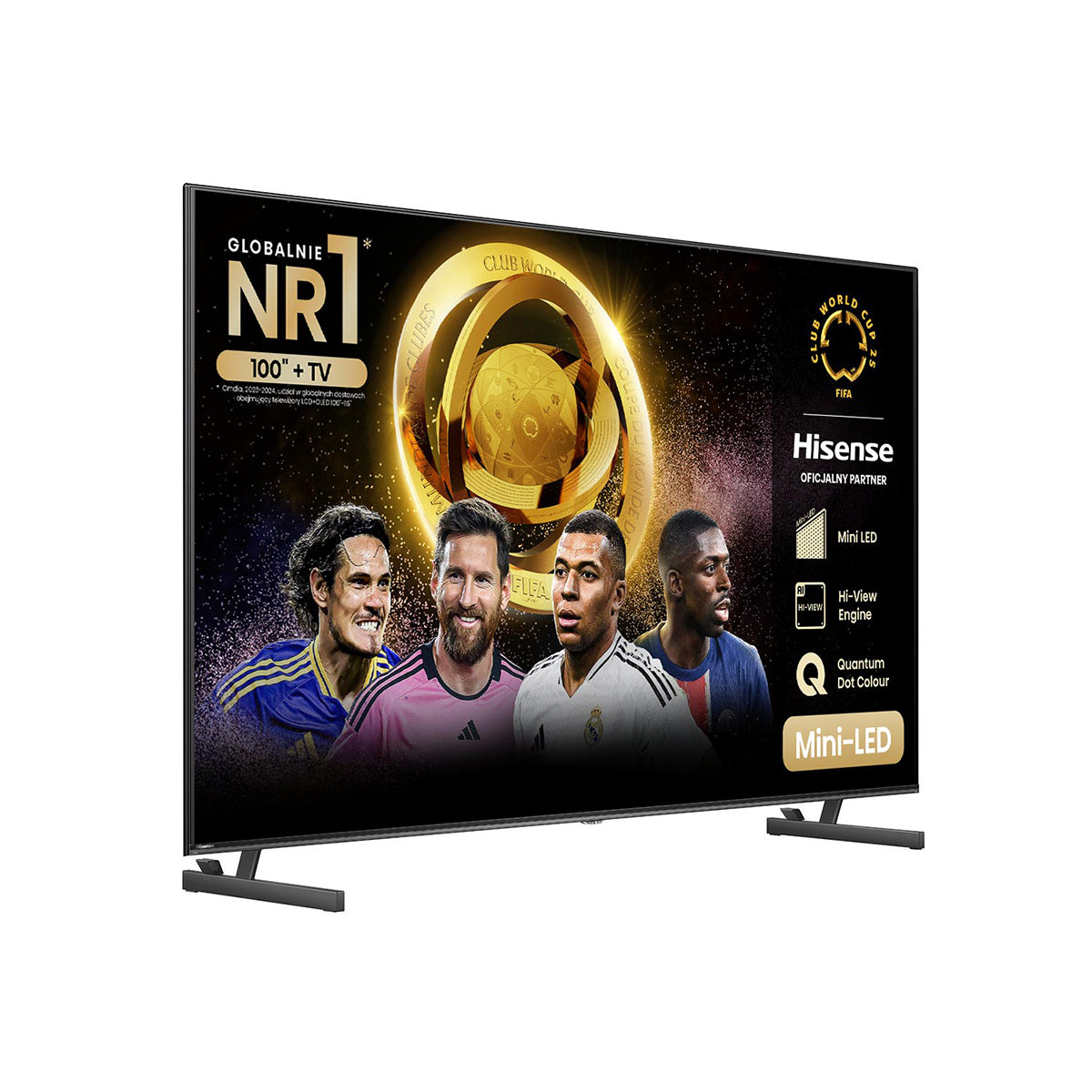 Ekran telewizora Hisense. Piłkarze na ekranie. Mini LED i branding FIFA. Czarna ramka i stojak.