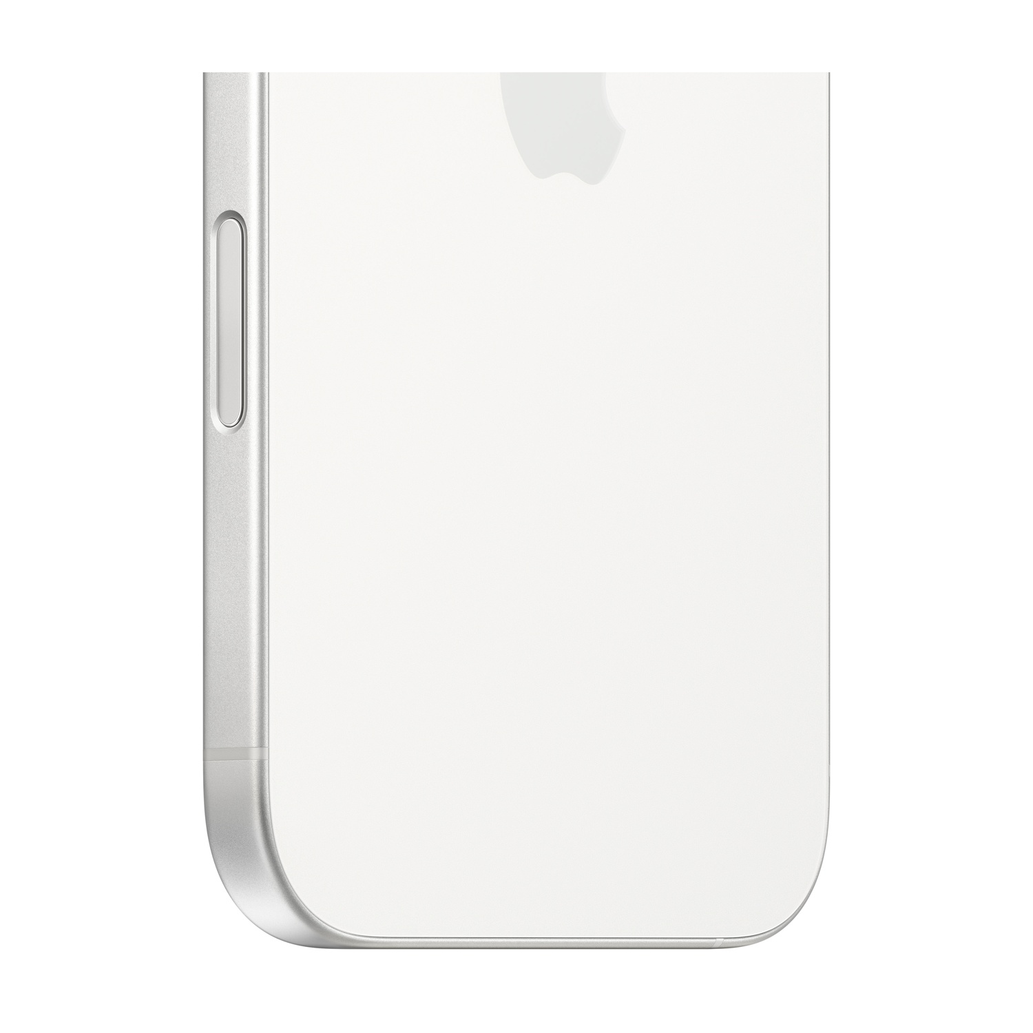 Lato del telefono argentato. Pulsanti del volume visibili. Sfondo bianco. Angoli arrotondati e finitura liscia.