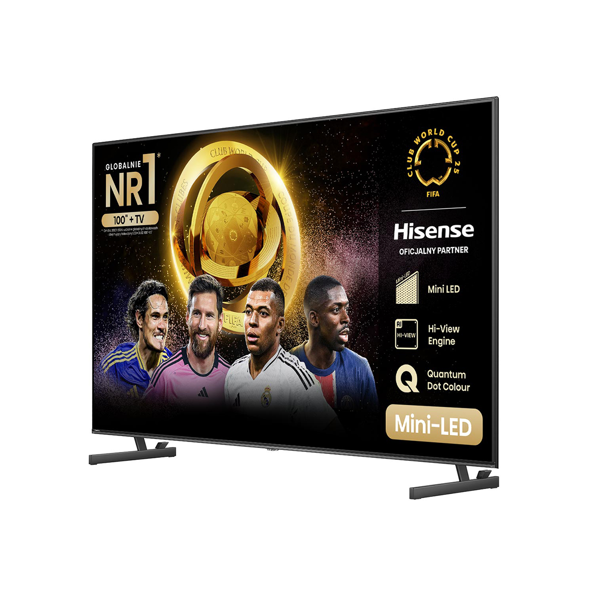 Duży telewizor wyświetla piłkarzy. Ekran ma złoty design i