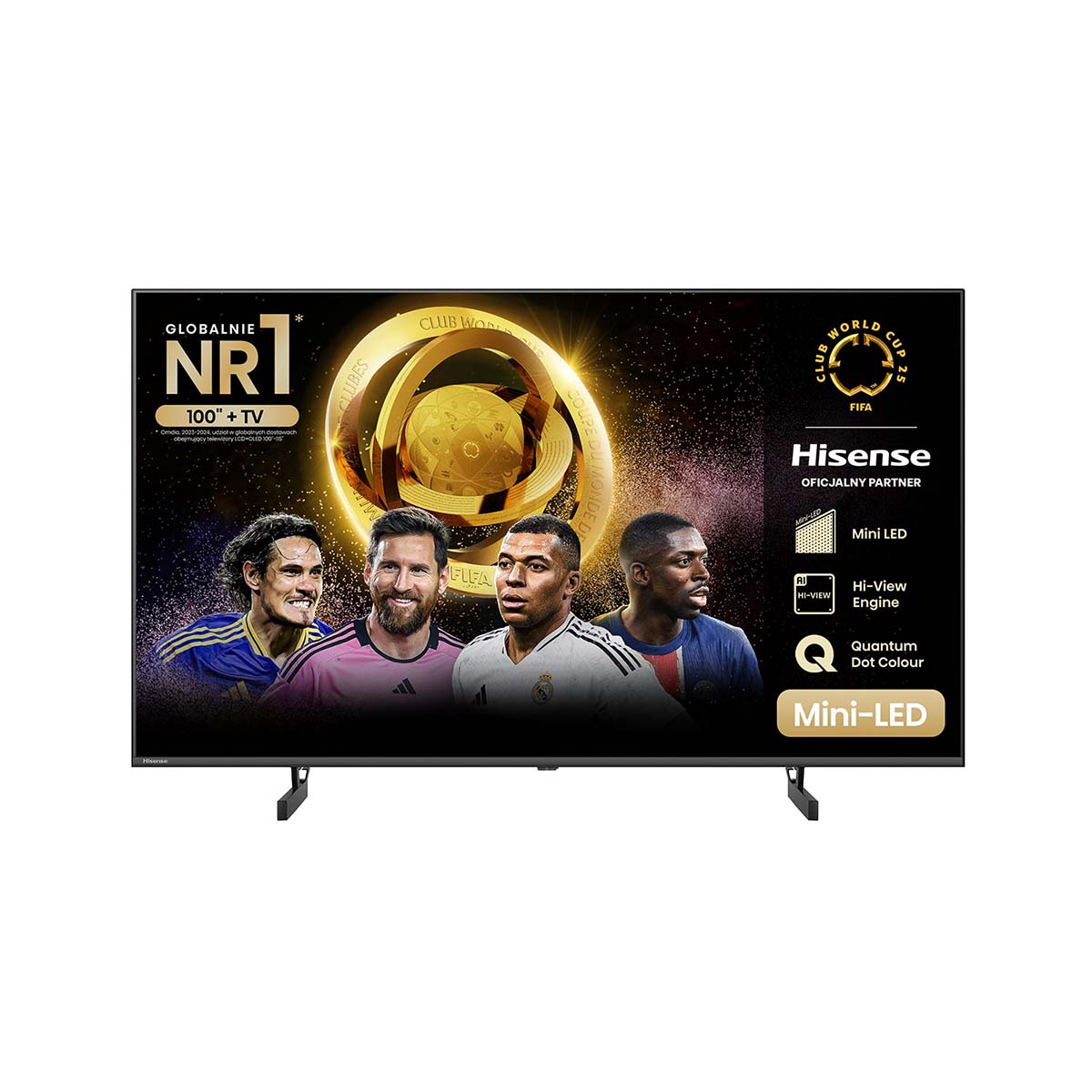 Duży telewizor wyświetla piłkarzy. Ekran ma złoty design i