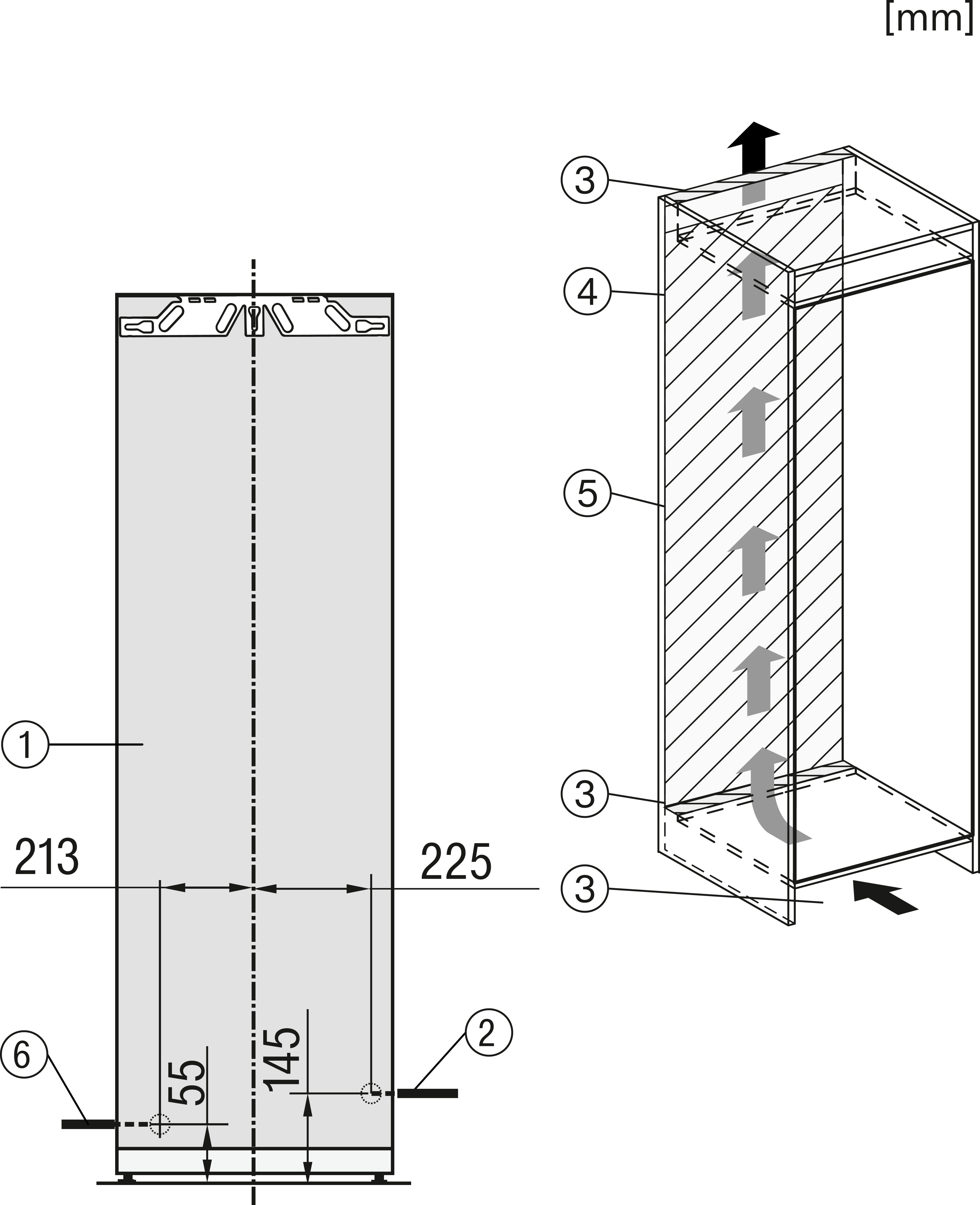 Diagramm eines Kühlschranks mit Maßen und Angabe der internen Luftstromrichtungen.