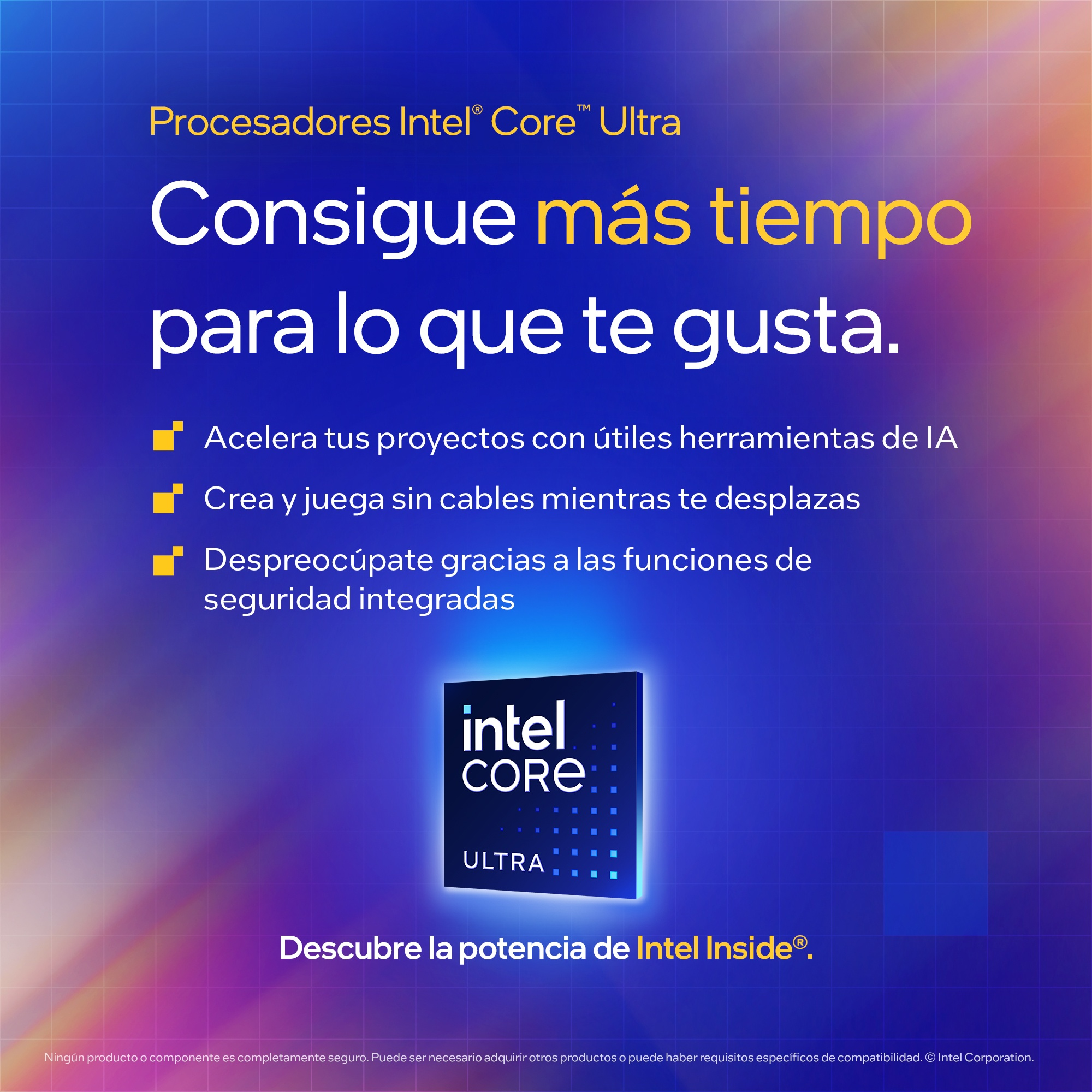 Gráfico azul y amarillo de Intel Core Ultra, con texto y un logotipo.