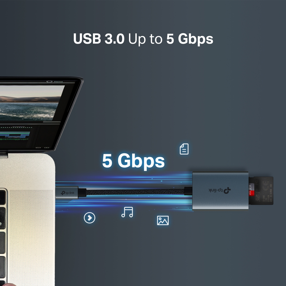 Dizüstü bilgisayar, siyah örgülü kablo aracılığıyla kart okuyucuya bağlı. Metin, 5 Gbps USB 3.0 hızını vurgular.