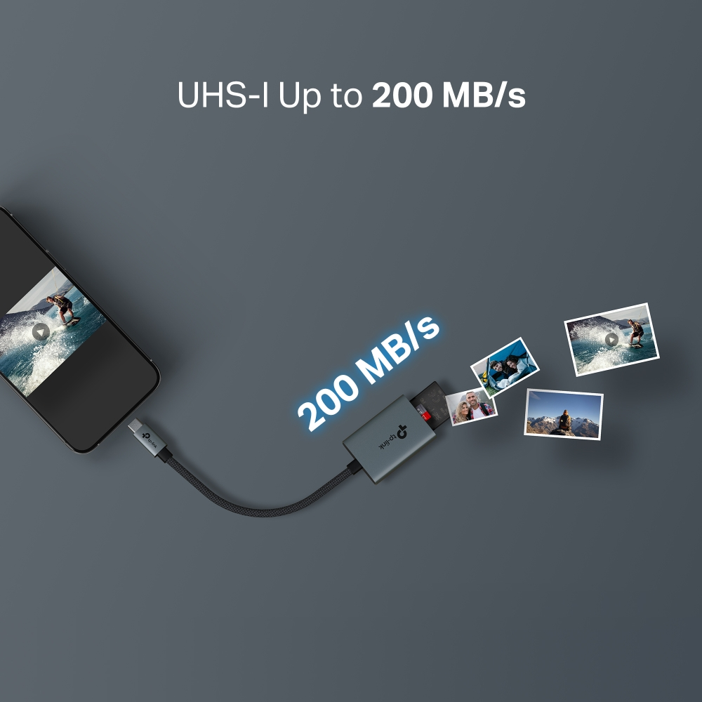 Telefon ve kart okuyucu, siyah örgülü kablo aracılığıyla bağlanmış, 200 MB/s hızda görüntü aktarımı gösteriyor.