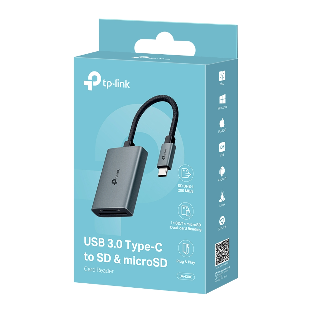Siyah kablolu mavi kutu ve gri USB 3.0 Type-C - SD & microSD kart okuyucu.