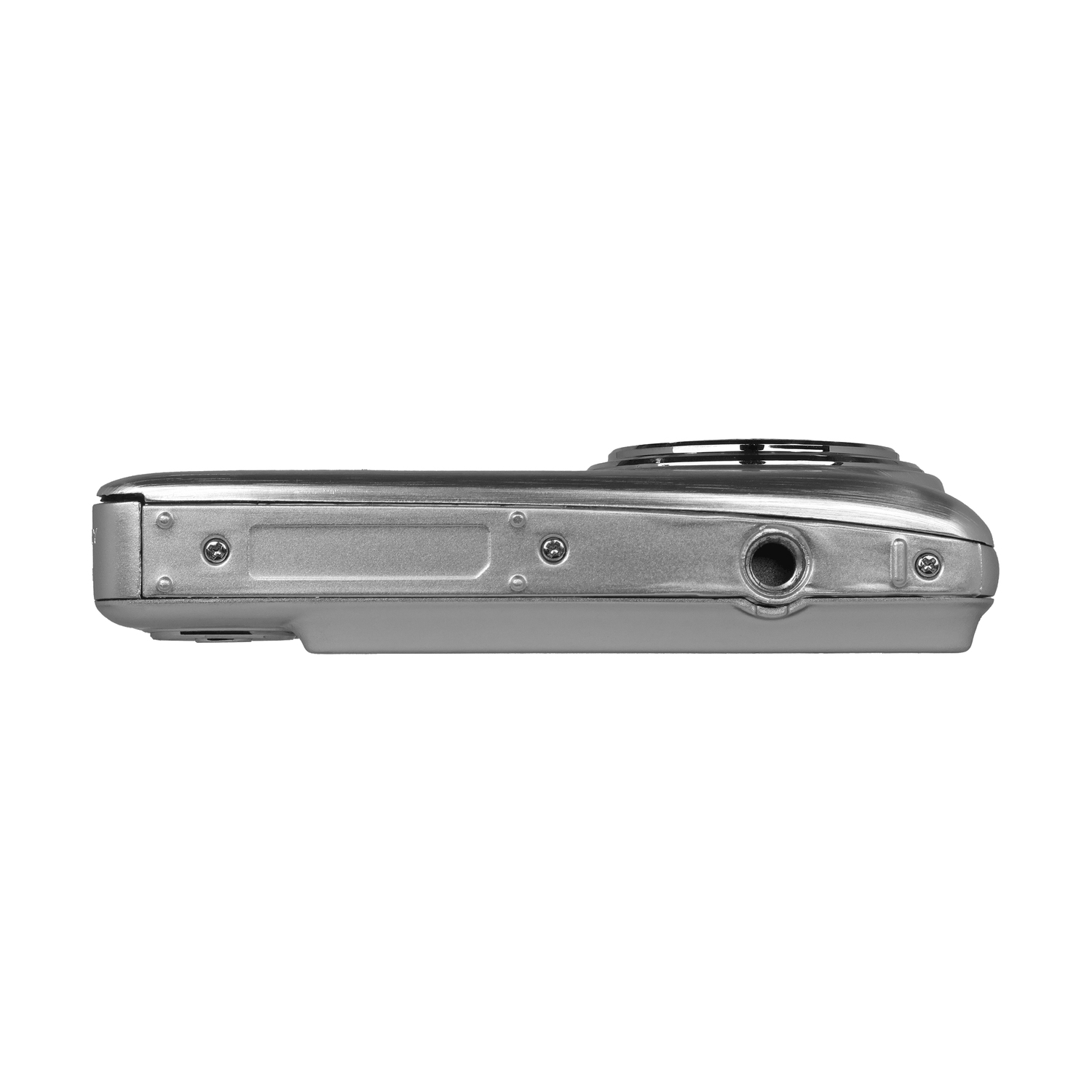 Una fotocamera digitale argentata, che mostra il lato con una porta e viti.