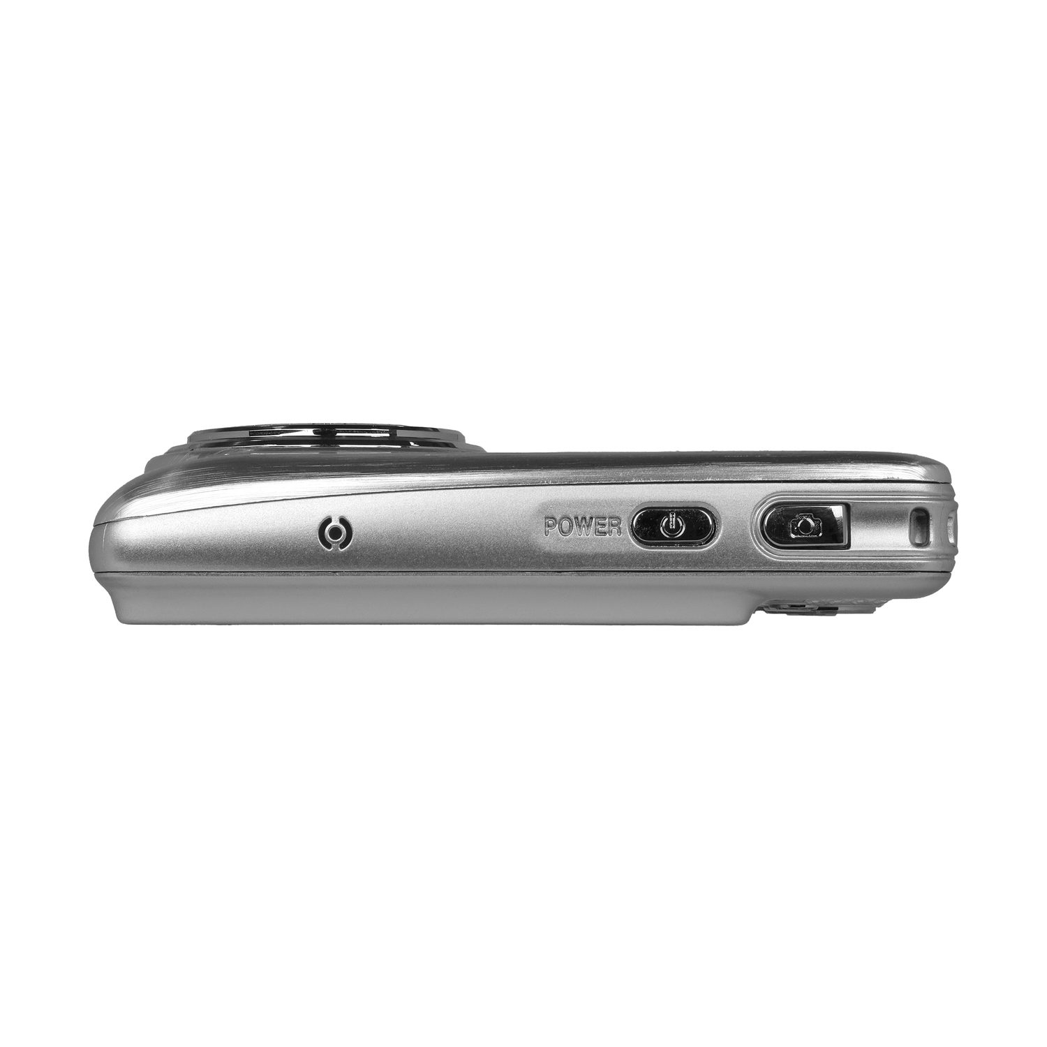 Una fotocamera digitale argentata, che mostra il lato con il pulsante di accensione e altri pulsanti.