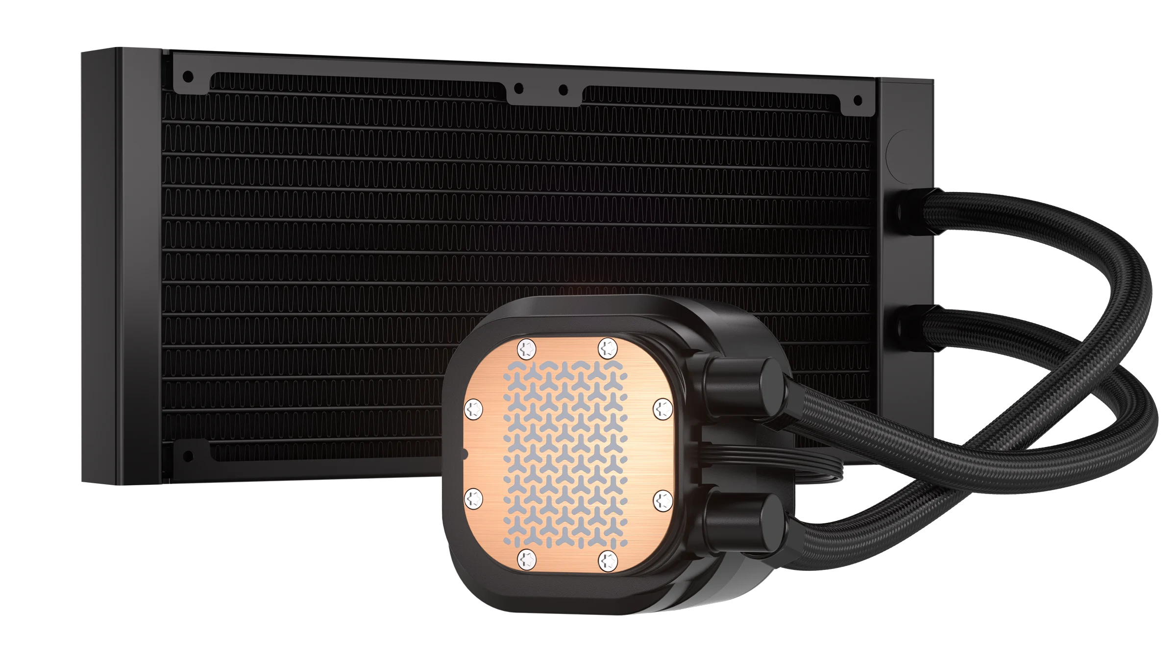 Schwarzer CPU-Kühler mit Kupferplatte, Radiator und Schläuchen.