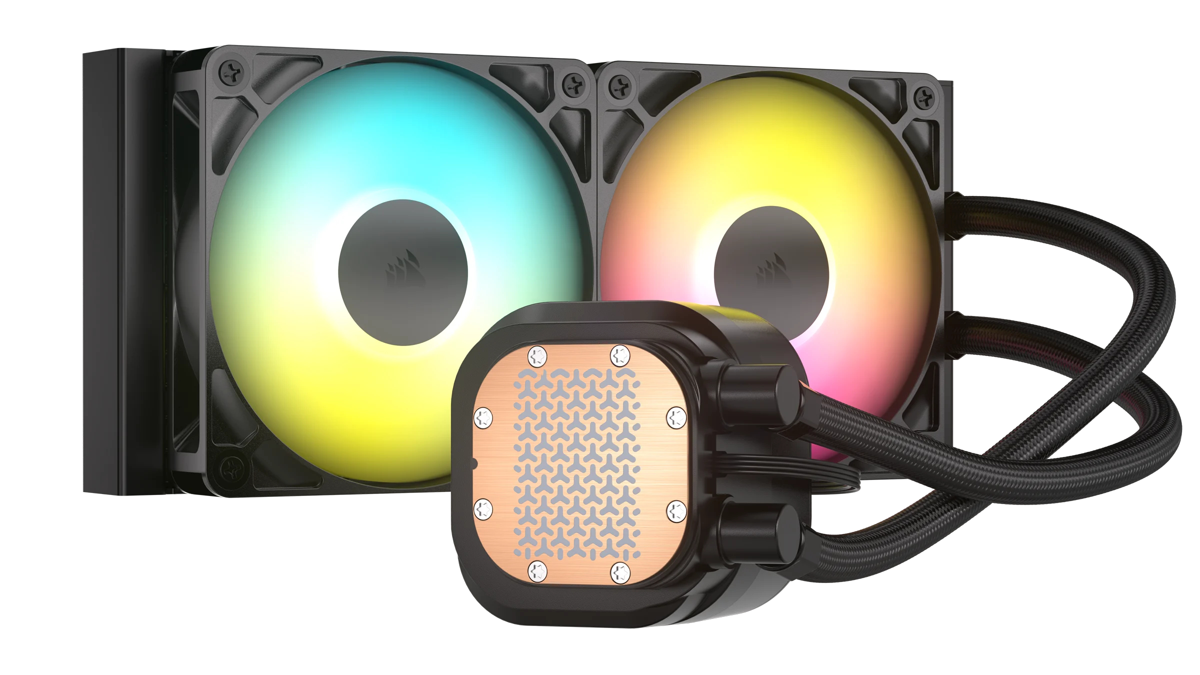 CPU-Kühler mit zwei Lüftern, Wasserblock, Radiator und Schläuchen.