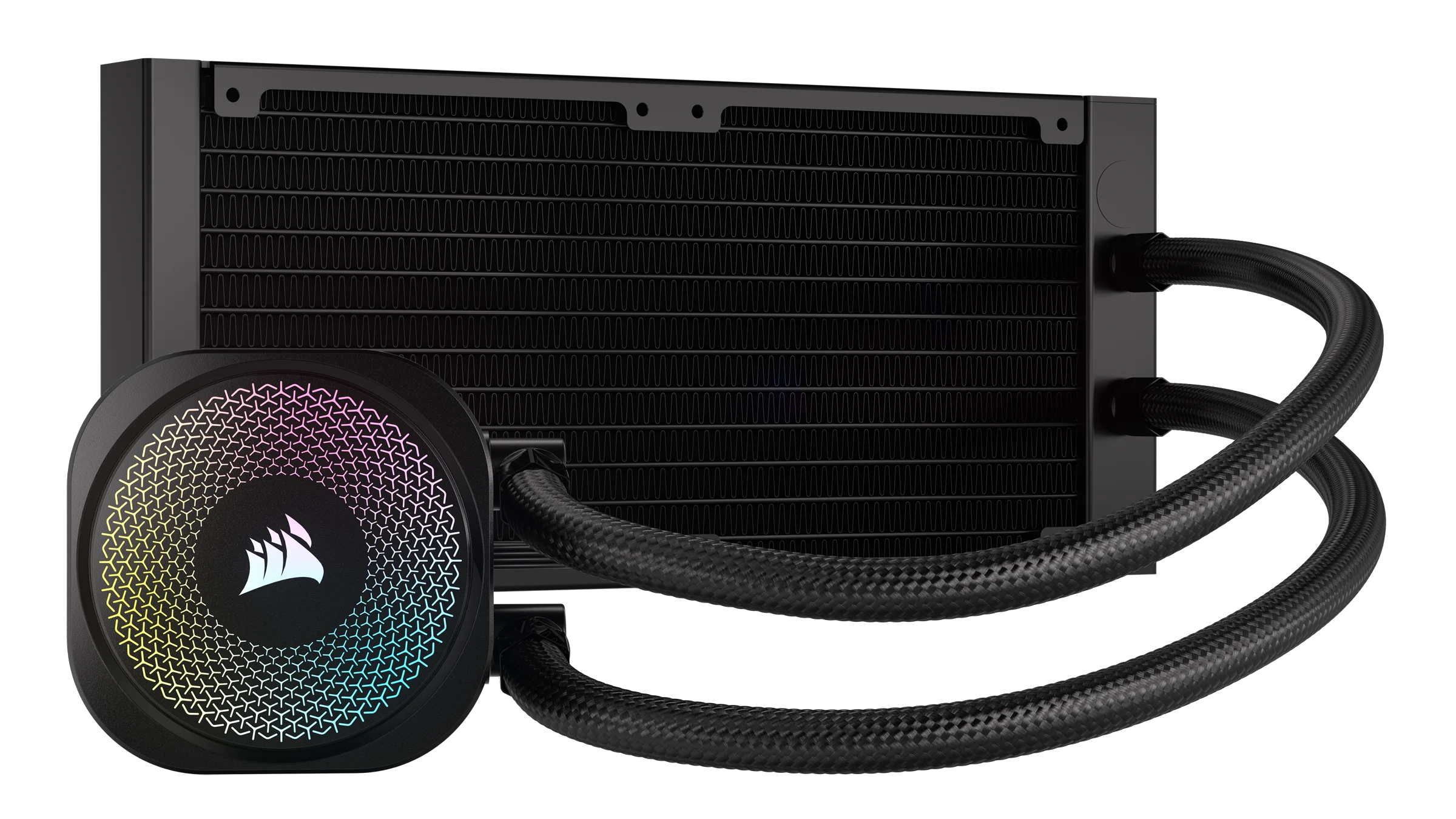 Schwarzer CPU-Kühler mit Radiator, Wasserblock und Schläuchen.