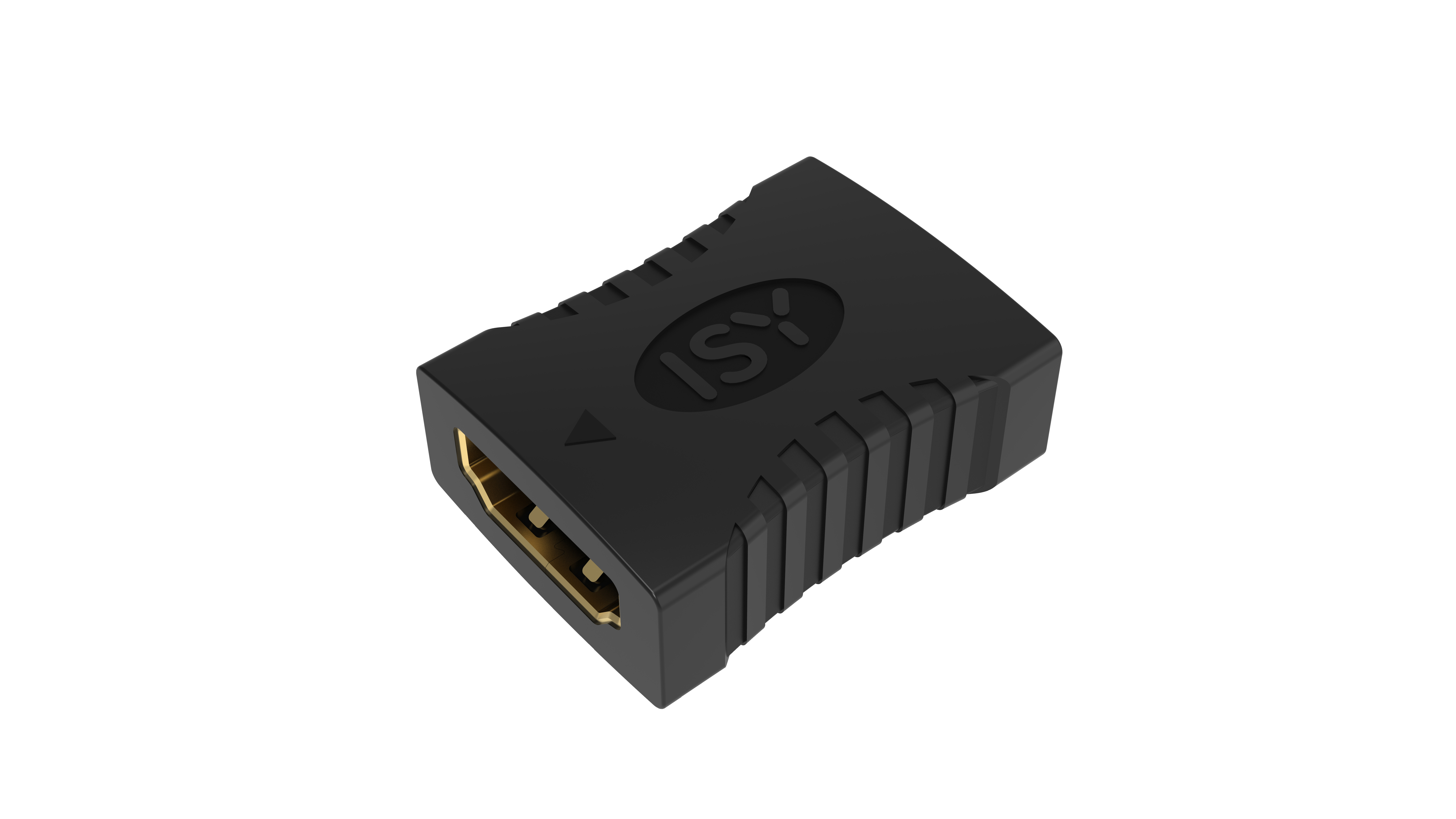 Czarny adapter HDMI z logo ISY, pod kątem na białym tle.