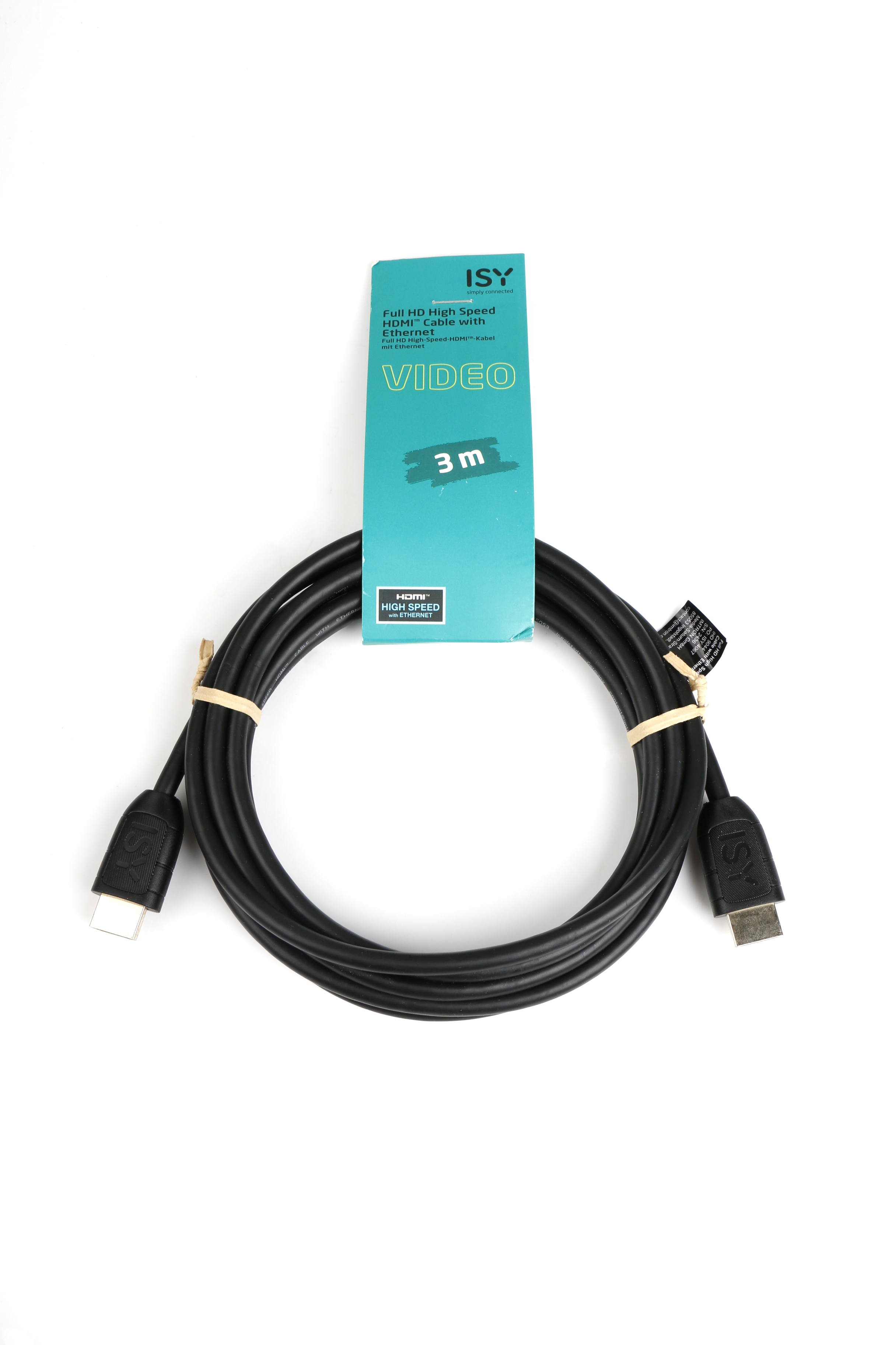 Czarny kabel HDMI ze złotymi złączami i etykietą na białym tle.